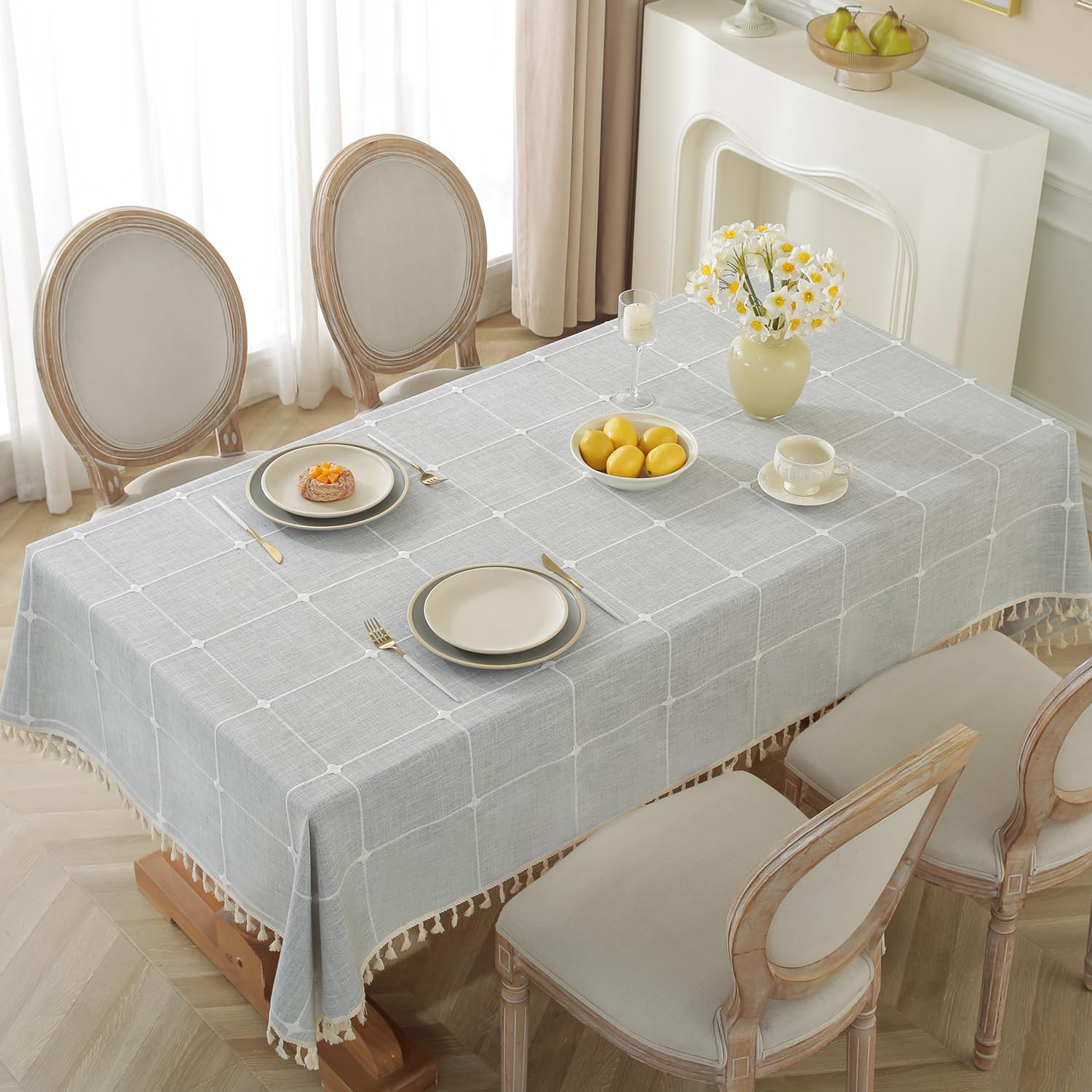 Rustic Cotton Linen Tablecloth for 6 Foot Rectangle Tables - Waterproof & Washable Dining Table Cover with Tassel Trim (55