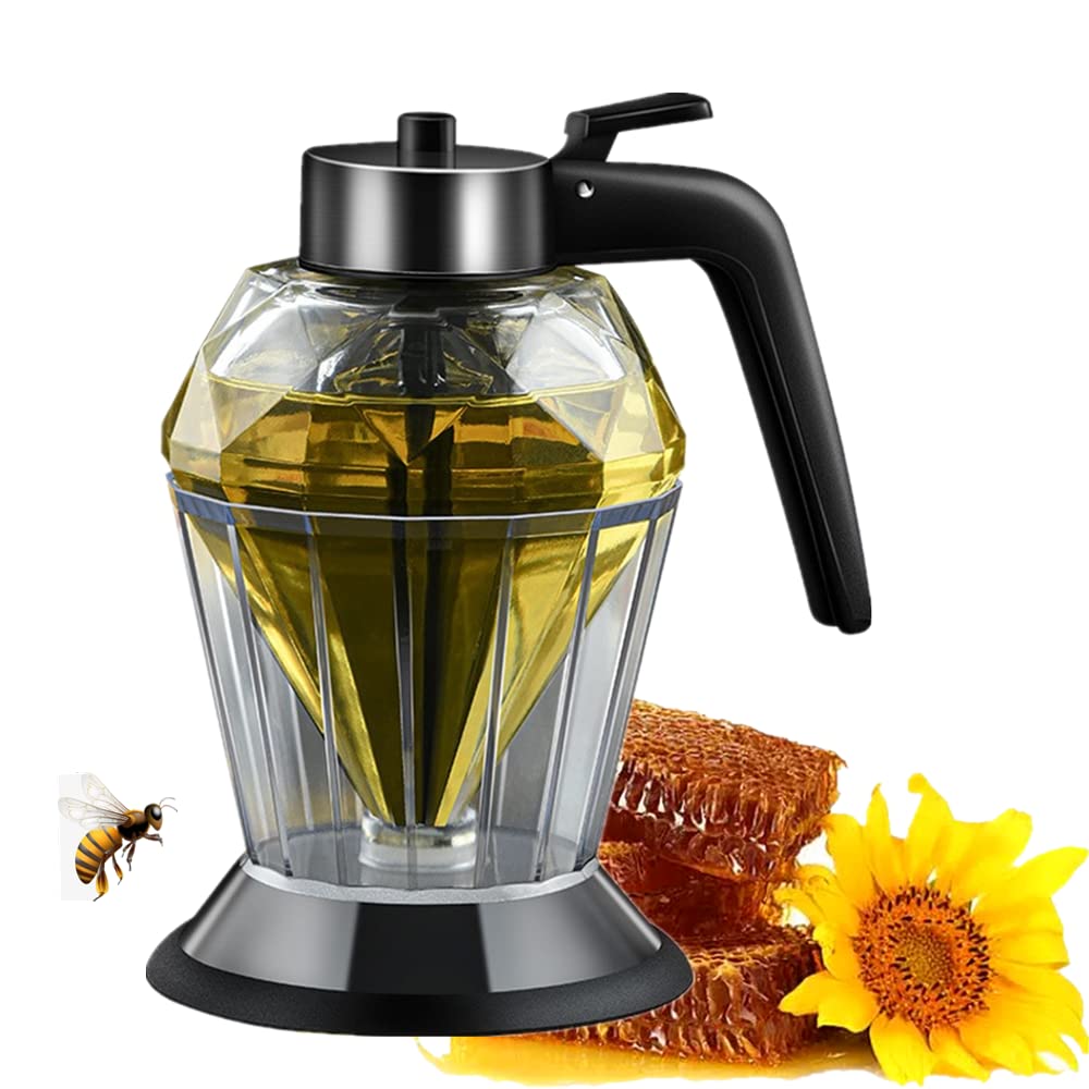 Premium Glass Honey Dispenser with Stand - Diamond Shape, 284ml Large Capacity - Elegant Syrup Jar for Home Kitchen, Coffee & Tea Accessories, Gift Idea