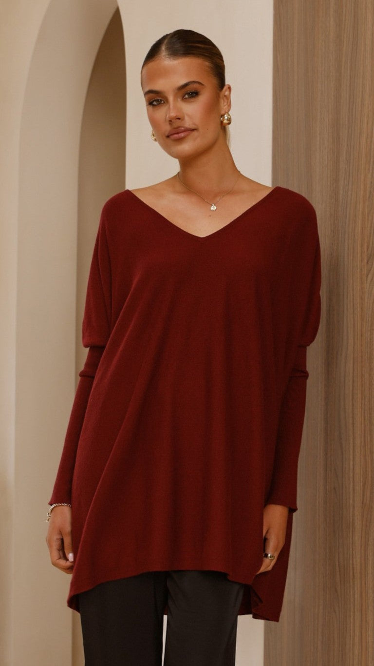 Amalia Knit Top Women's Burgundy V-Neck Long Sleeve Casual Blouse for Work & Everyday Wear