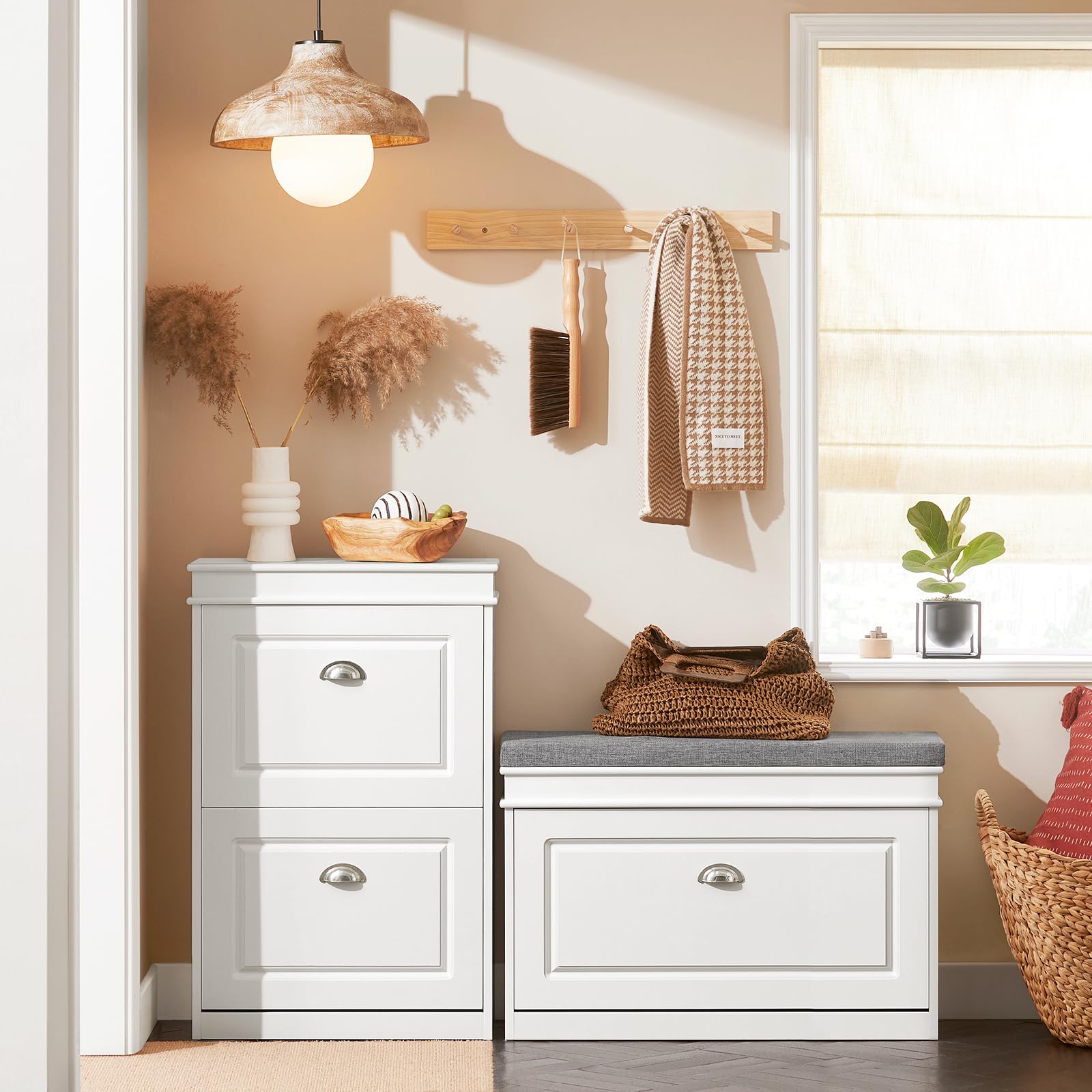 White Narrow Shoe Storage Bench with Cushion - 2-Tier Flip-Drawer Entryway Shoe Cabinet for Hallway, Closet & Mudroom Organization (FSR82-L-W) - Perfect for Small Spaces & Home Entry Organization