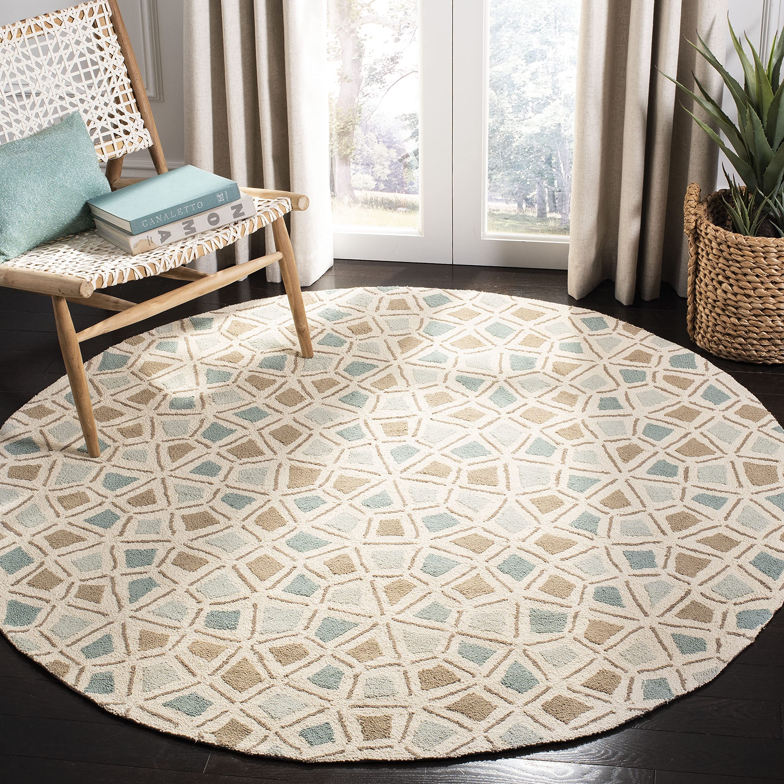 Handmade MSR1732C 6x6 Round Cotton Area Rug - Blue Milk Pail Spring Wheel Mosaic Design by Martha Stewart x Safavieh | Perfect for Living Room, Bedroom & Boho Home Decor