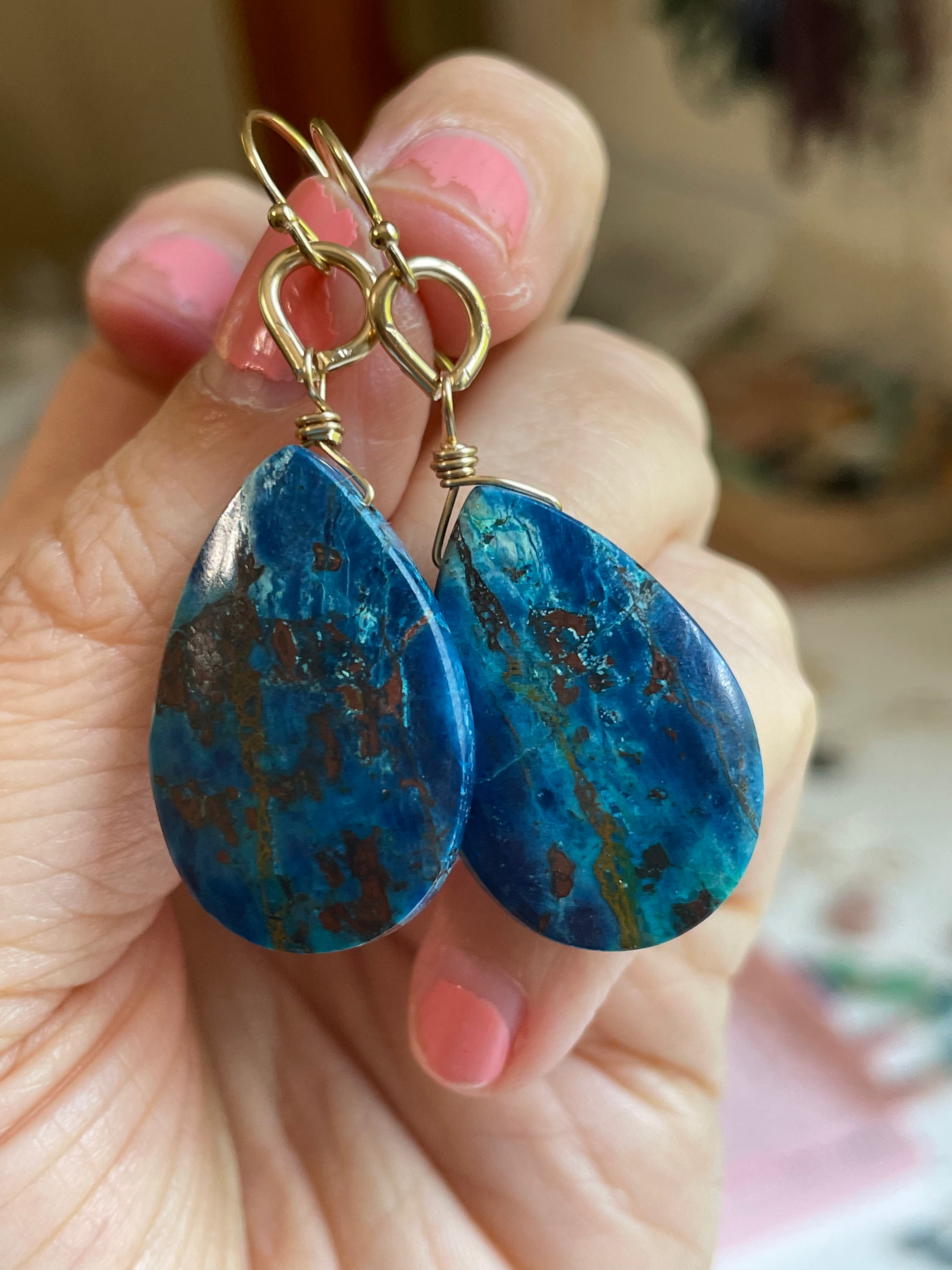 Large Chrysocolla Gold Filled Statement Crystal Gemstone Earrings for Women | Elegant Bohemian Jewelry for Parties, Weddings & Special Occasions