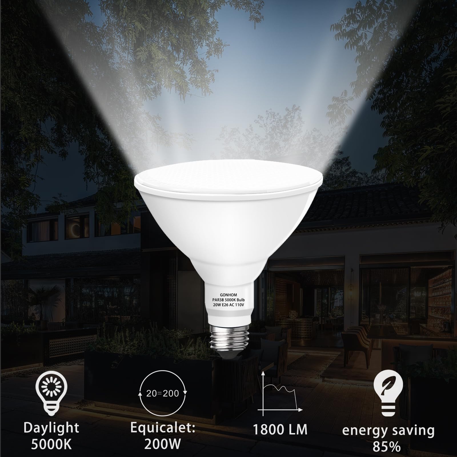 Par38 LED Flood Light Bulbs 6 Pack - Dimmable 5000K Daylight, 20W (Replaces 200W), 1800LM, E26 Base - Outdoor Lighting for Backyard, Garage, Porch & Garden - Perfect for Landscape, Pathway & Security Lighting