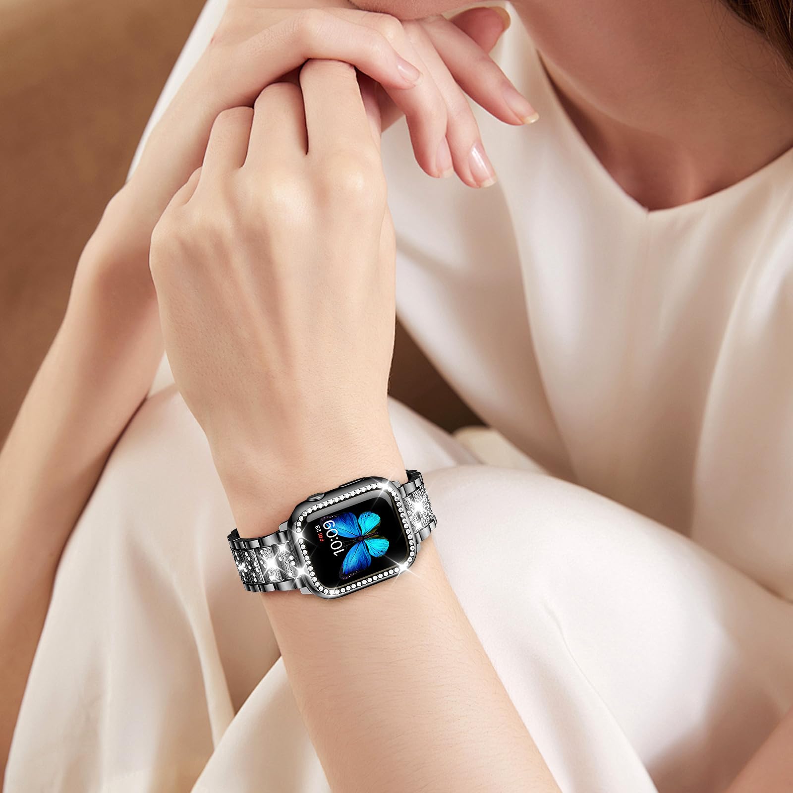 SUPOIX Luxury Bling Diamond Metal Band & 2-Pack Protective Case for Apple Watch Series 9/8/7 41mm - Elegant Jewelry Watch Accessory for Women, Perfect for Daily Wear, Work & Special Occasions (Black)