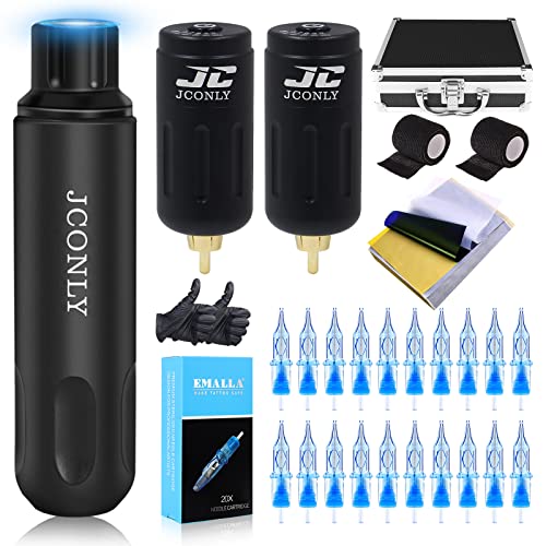 Jconly Rotary Tattoo Pen Kit - Wireless Tattoo Machine with 2Pcs Battery, 20 Cartridges & 25pcs Transfer Stencil Paper | Professional Tattoo Equipment for Artists & Beginners | Perfect for Home & Studio Tattooing