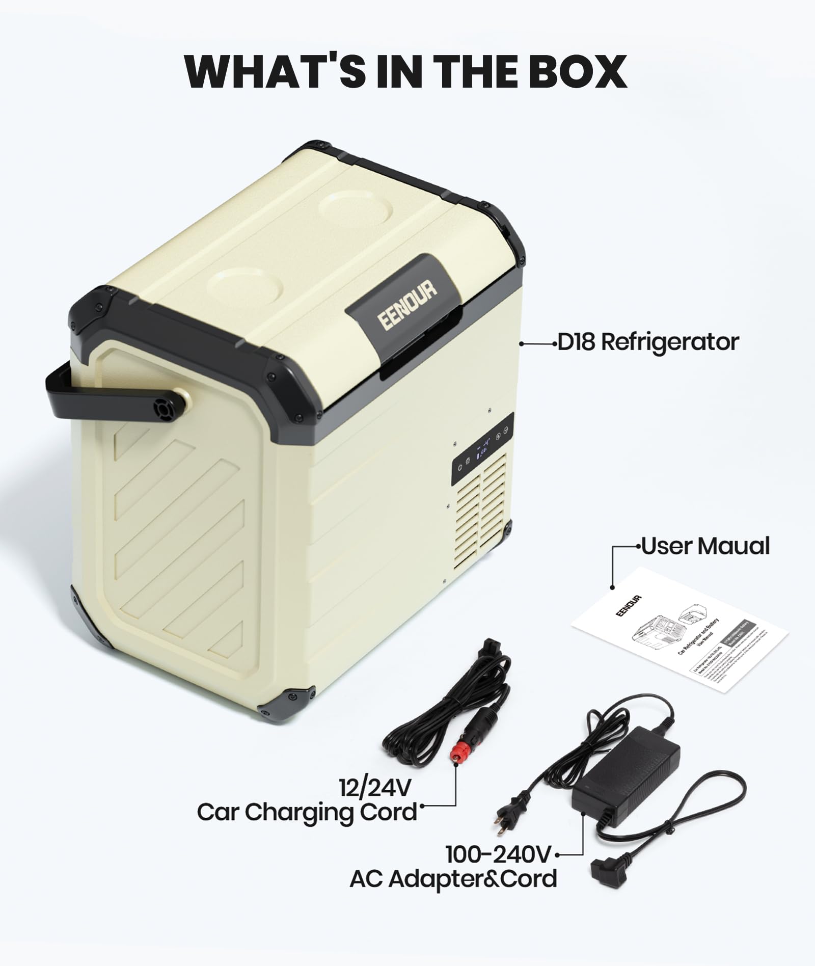 EENOUR D18 12V Car Refrigerator & Portable Freezer - 19Qt/18L Solar Powered Cooler with 25W Capacity, -4~50℉ Temperature Range, Dual Power 12/24V DC & 110~240V AC - Perfect for Road Trips, Camping, Trucks & 2-Person Use (Battery Not Included) | Keep Food Fresh on Outdoor Adventures & Long Drives