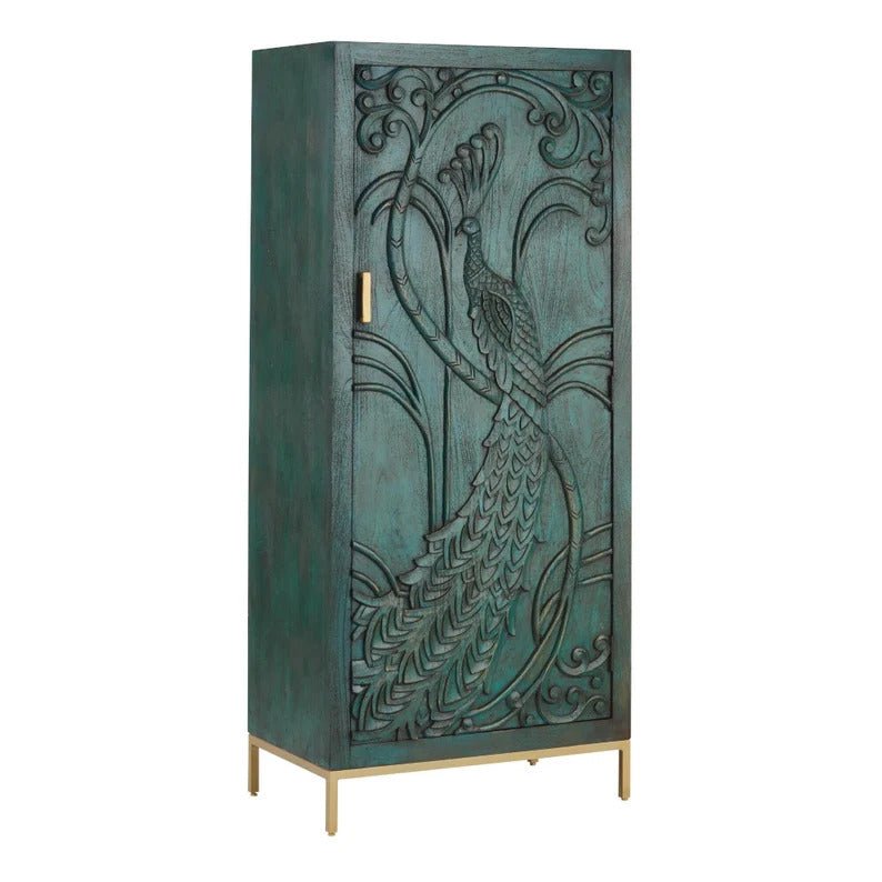 Exquisite Hand-Carved Wooden Peacock Armoire Wardrobe - Indian Traditional Design for Bedroom Storage & Home Decor