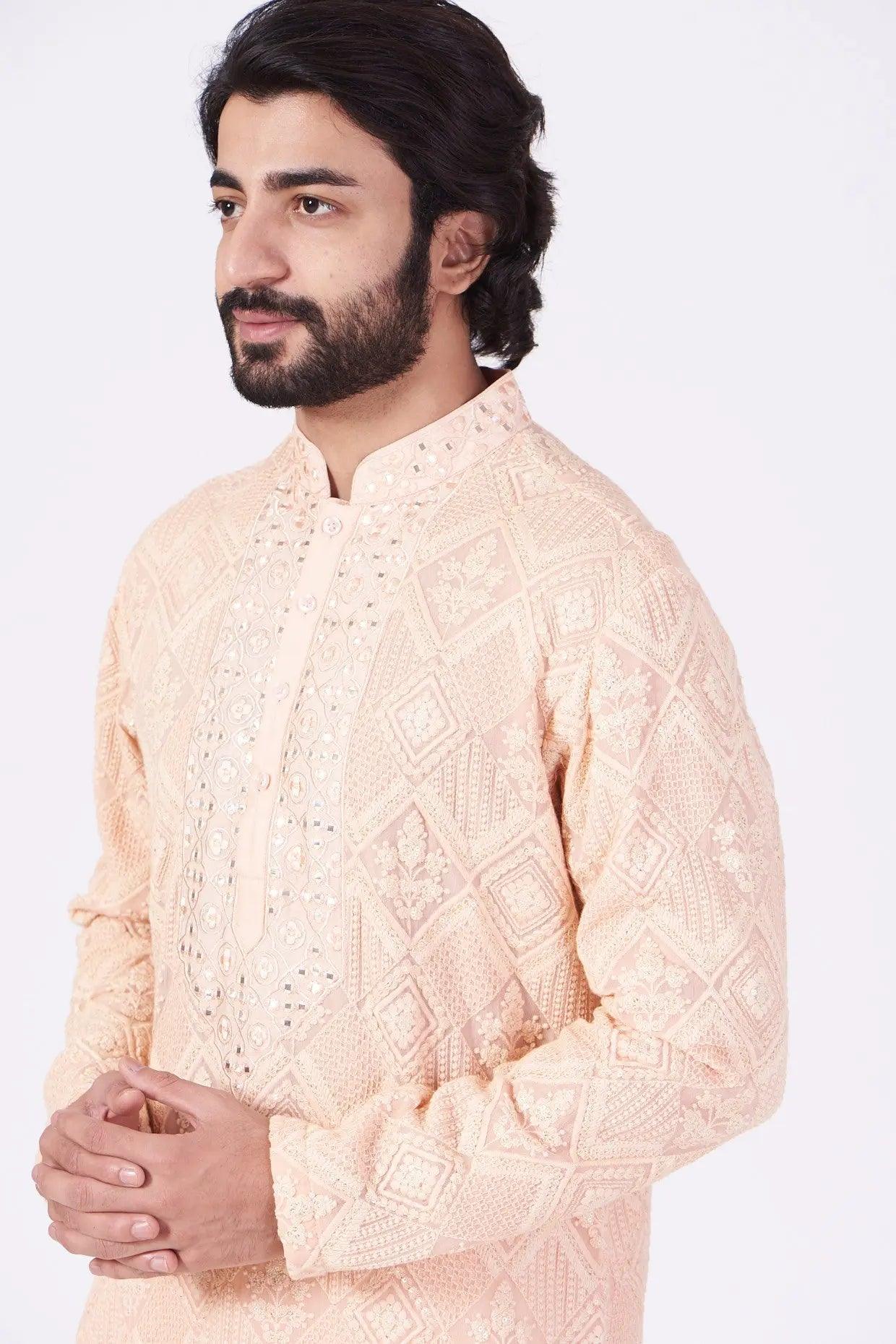 Peach Hand Embroidered Kurta for Women - Traditional Indian Cotton Tunic Top - Perfect for Festivals, Weddings & Casual Wear