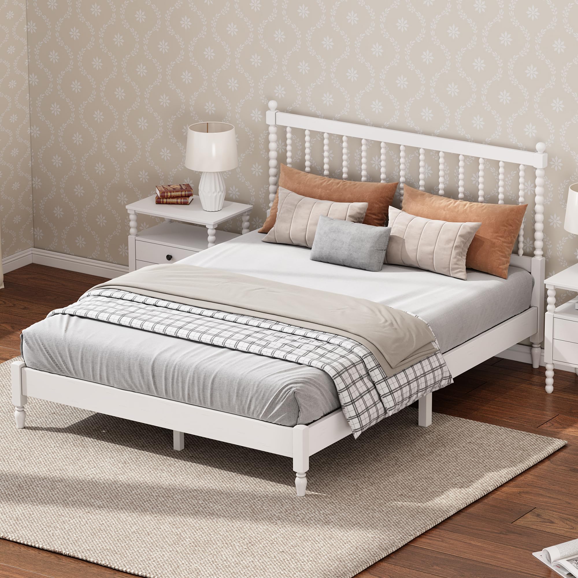 SOFTSEA King Size Platform Bed Frame with Gourd Shaped Headboard - Sturdy Wooden Bed with Slat Support, No Box Spring Needed - Perfect for Kids' Bedroom & Guest Room (White)
