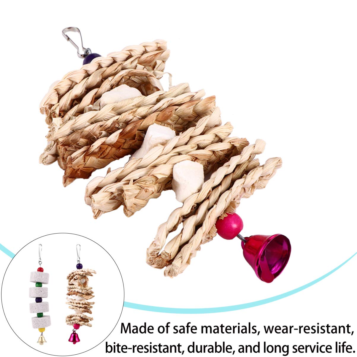 Balacoo Parrot Chew Toys - 2 Pack Woven Grass Molar Chewing Toys with Bell for Teeth Grinding & Bite Care | Hanging Cage Hammock Toys for Parakeets & Pet Birds | Perfect for Cage Enrichment & Beak Maintenance