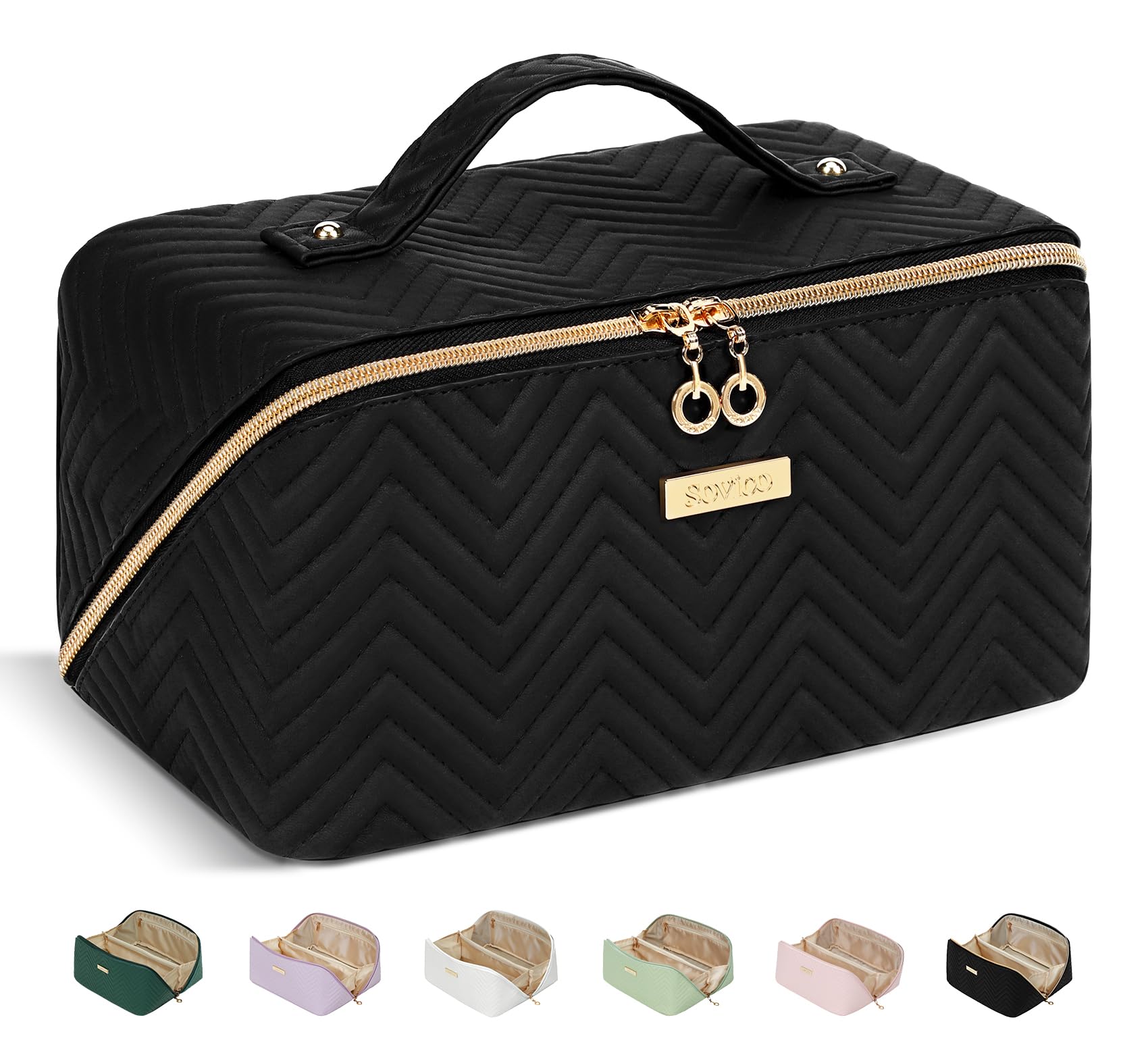 Waterproof PU Leather Makeup Bag - Large Travel Cosmetic Organizer for Women - Black, Perfect for Daily & Vacation Use