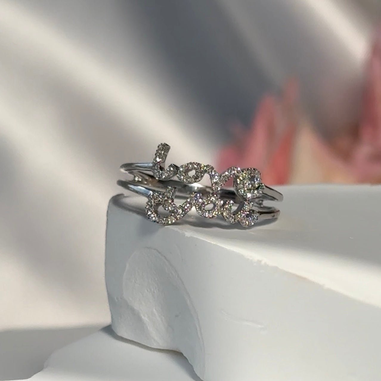14k White Gold Diamond Love You Cursive Ring for Women - Elegant Stackable Promise Ring for Anniversary, Valentine's Day & Romantic Gifts