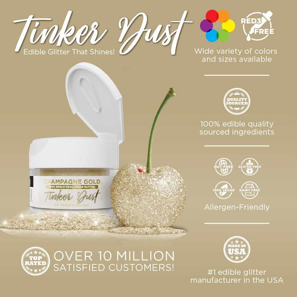 Champagne Gold Edible Glitter for Baking & Cake Decorating - Tinker Dust® 5g Food Safe Sparkle Dust for Desserts, Cupcakes, Cookies & Cocktails