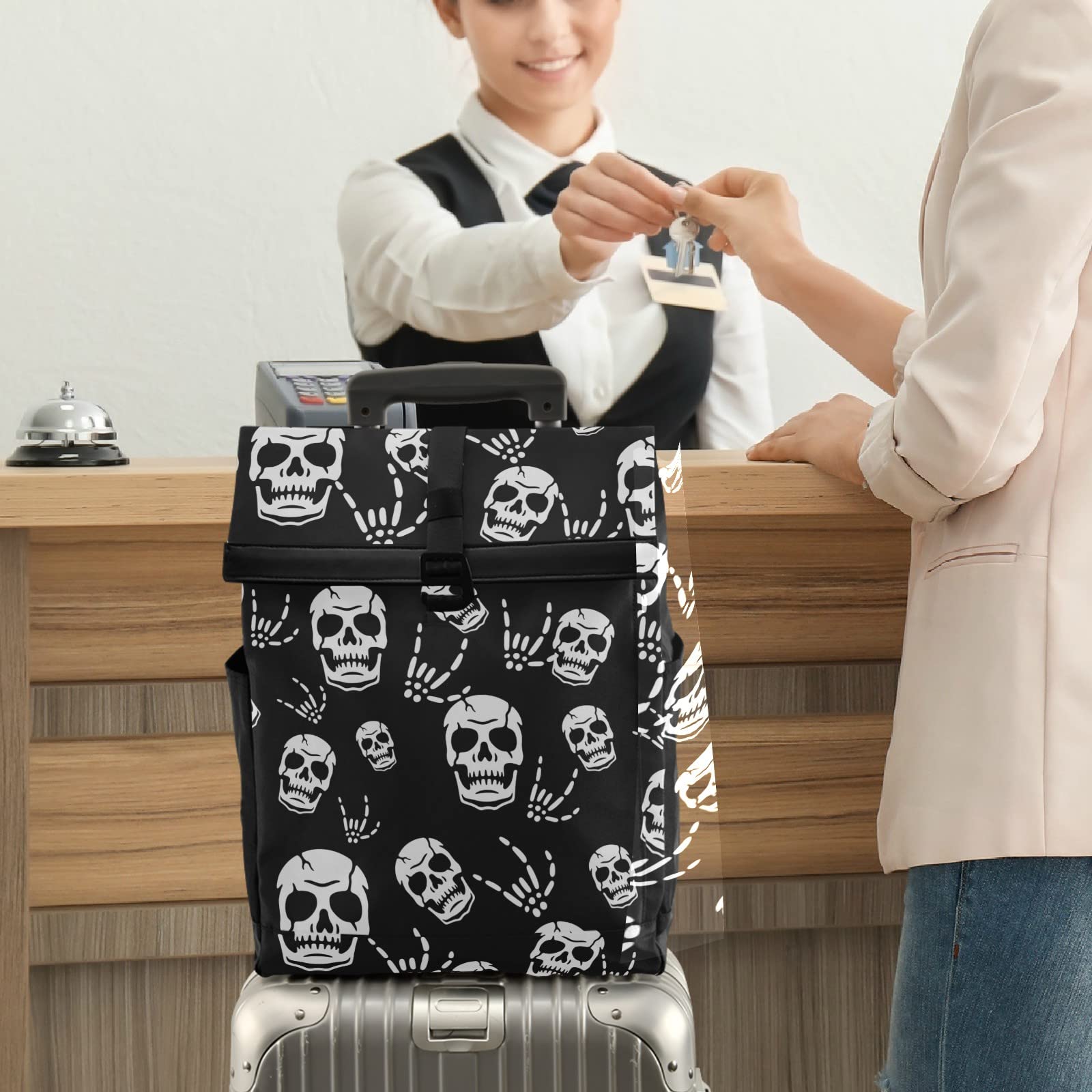 Gothic Skeleton Roll Top Backpack for Men - Expandable Waterproof Laptop Backpack with USB Charging Port - Perfect for Travel, Work, College & Daily Commute