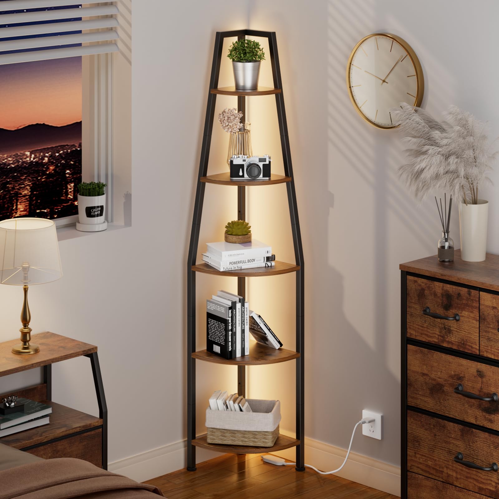 5-Tier LED Corner Shelf - Rustic Brown Metal Storage Rack for Bedroom & Living Room