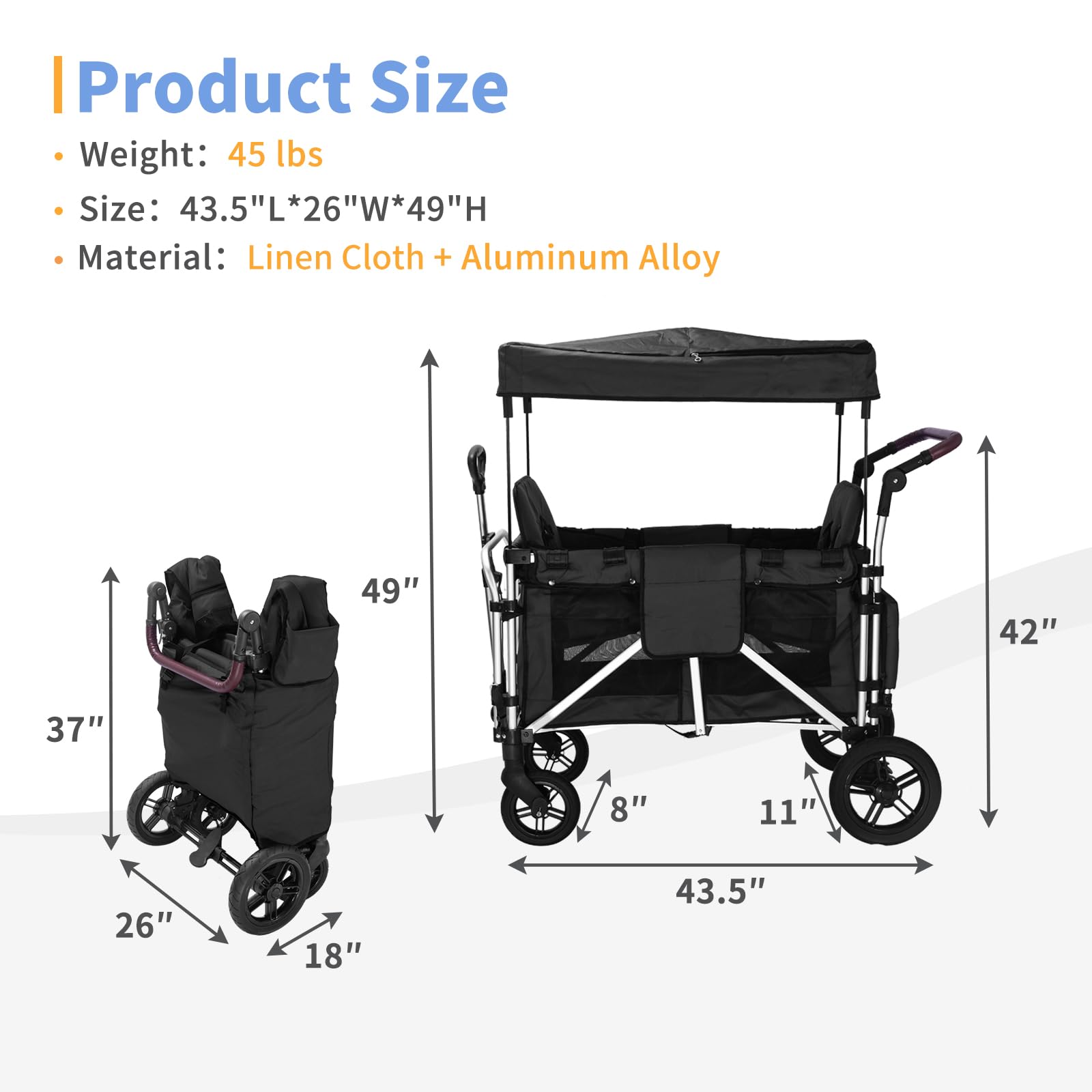 **2-in-1 Stroller Wagon for Kids - Double Seats with 5-Point Safety Harness, Adjustable Canopy & Foldable Design - Perfect for Outdoor Adventures, Shopping, Beach Trips & Family Outings (Black)**