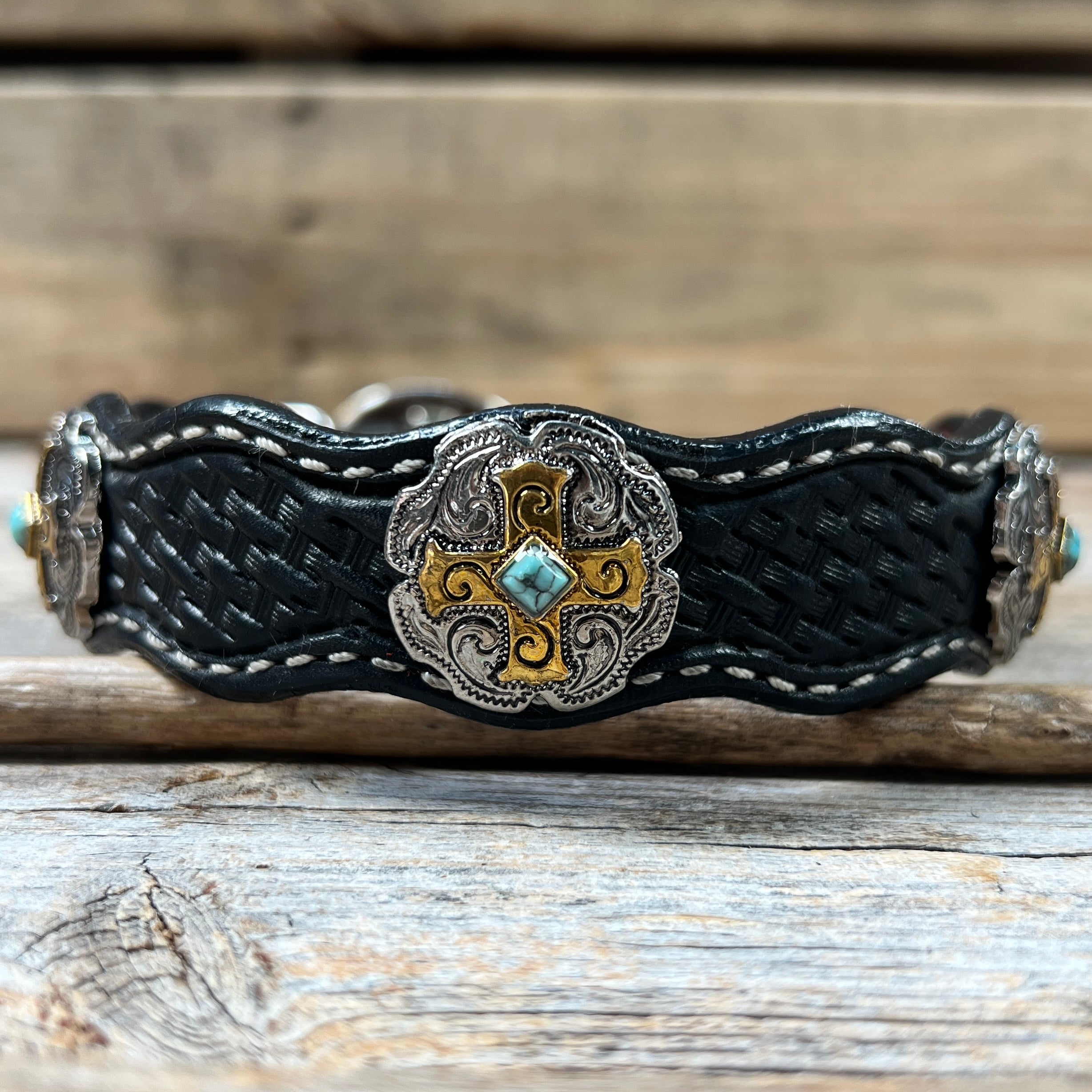 Premium Genuine Leather Dog Collar with Gold Cross Conchos - Adjustable Size 10-22 Inches (W189S DC63) - Perfect for Small to Medium Dogs, Training & Fashion Accessory