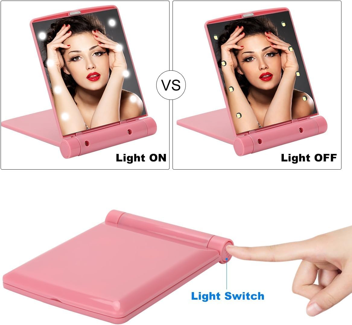 **Cassarina 8 LED Lighted Makeup Mirror – Portable Folding Travel Mirror with Adjustable Brightness, Perfect for Teen Girls, Women & Kids (Pink) – Ideal for Home, Travel & Dorm Essentials**