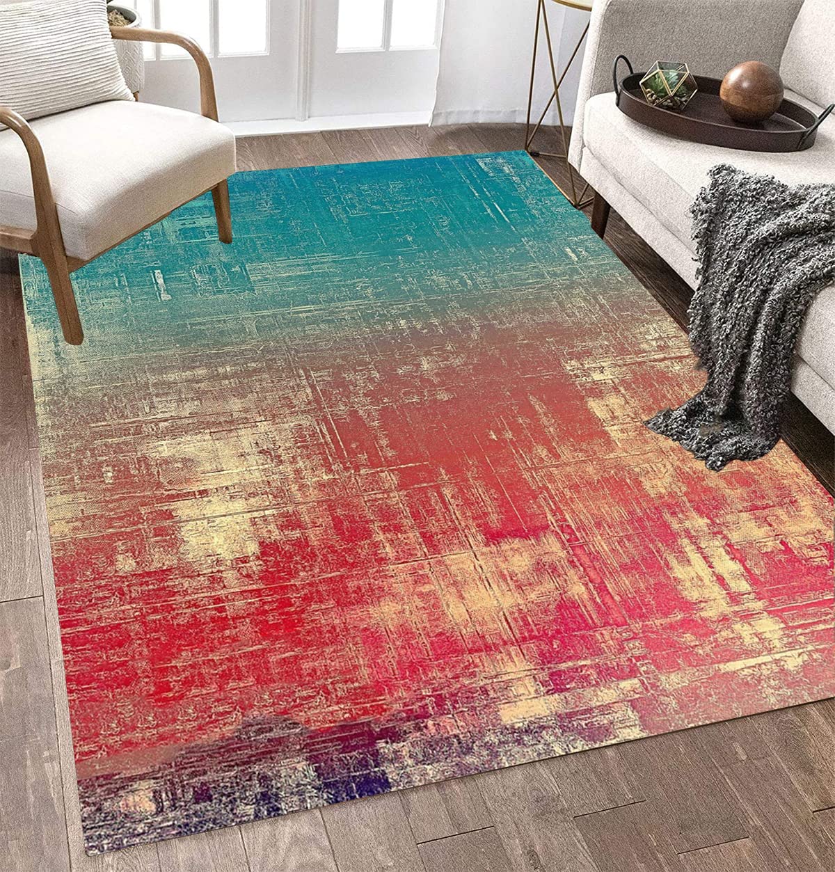 Vintage Distressed Red Teal Area Rug 8x10 - Mid-Century Modern Abstract Design, Low Pile Machine Washable Carpet for Living Room, Bedroom, Playroom, Dining & Kitchen - Perfect as Runner Rug, Throw Rug or Deck Carpet