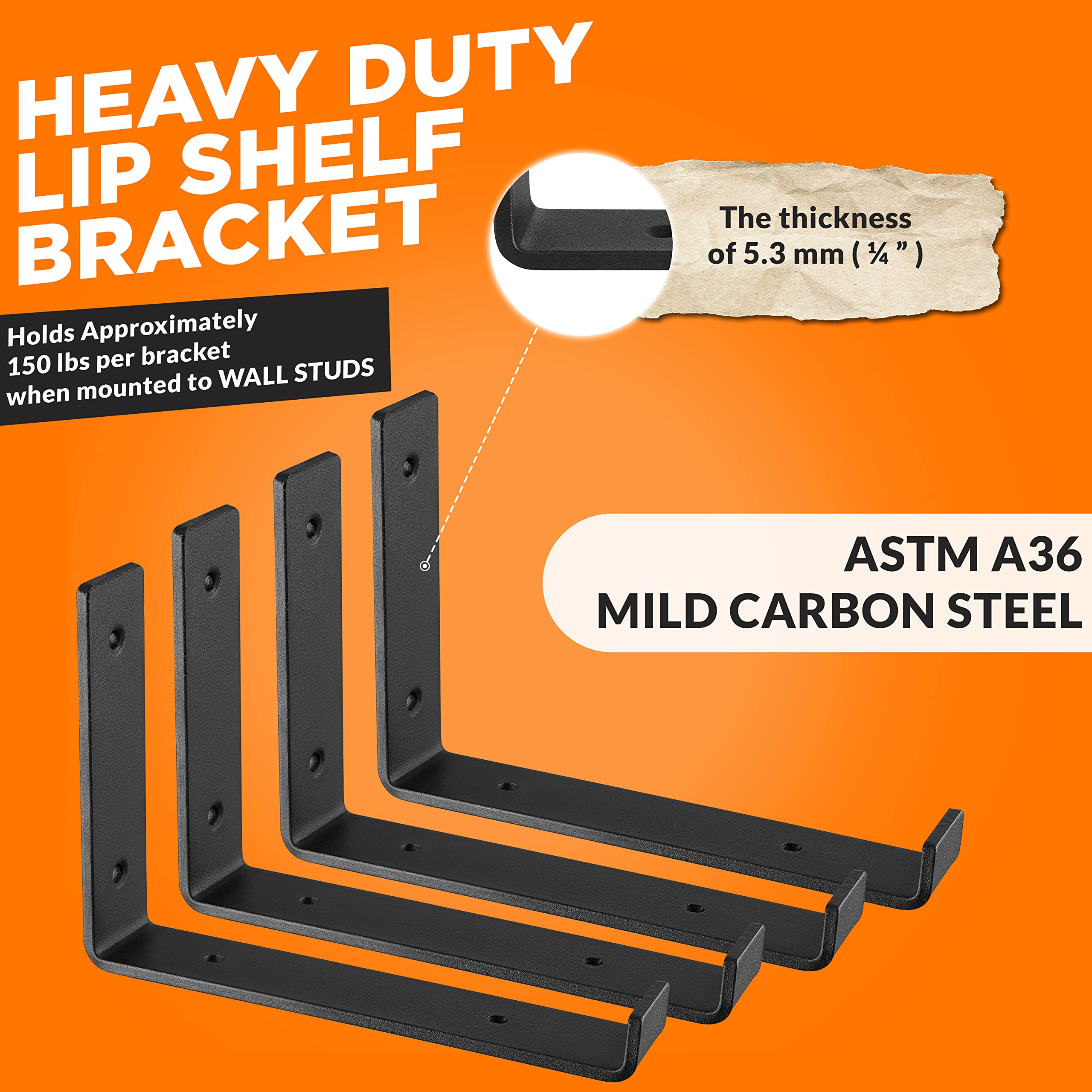 BATODA 10 Inch Heavy Duty Shelf Brackets with Lip - 6 Pack Black J Hook Brackets for Wall Mounted Shelves (Fits 9.25
