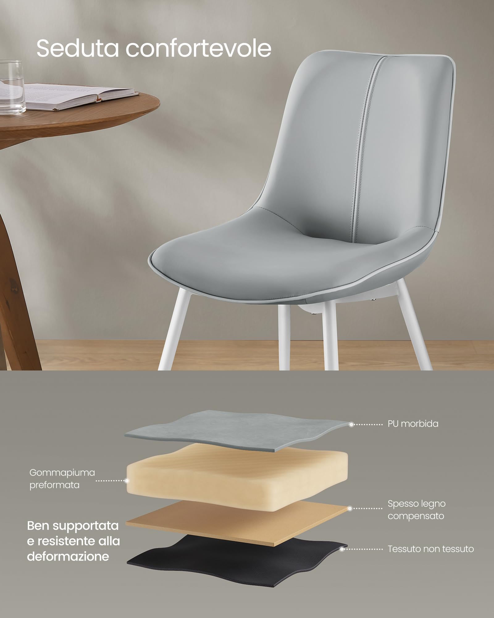 VASAGLE Dining Chairs Set of 2 - Modern Kitchen Chairs with Padded Seat, PU Surface & Steel Legs - Adjustable Feet & Ergonomic Curved Backrest - Perfect for Dining Room, Kitchen, Office or Breakfast Nook - Taupe Grey LDC140G02