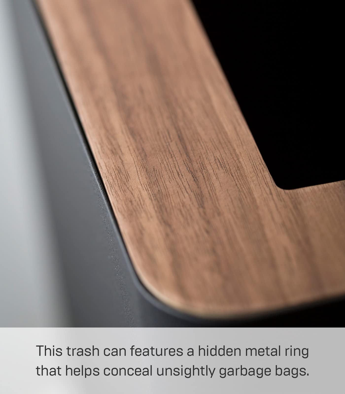Yamazaki Home Small Modern Trash Can - Stainless Steel & Wood Waste Bin for Bathroom, Kitchen, Office - Compact Size Walnut Finish - Perfect for Small Spaces & Home Organization