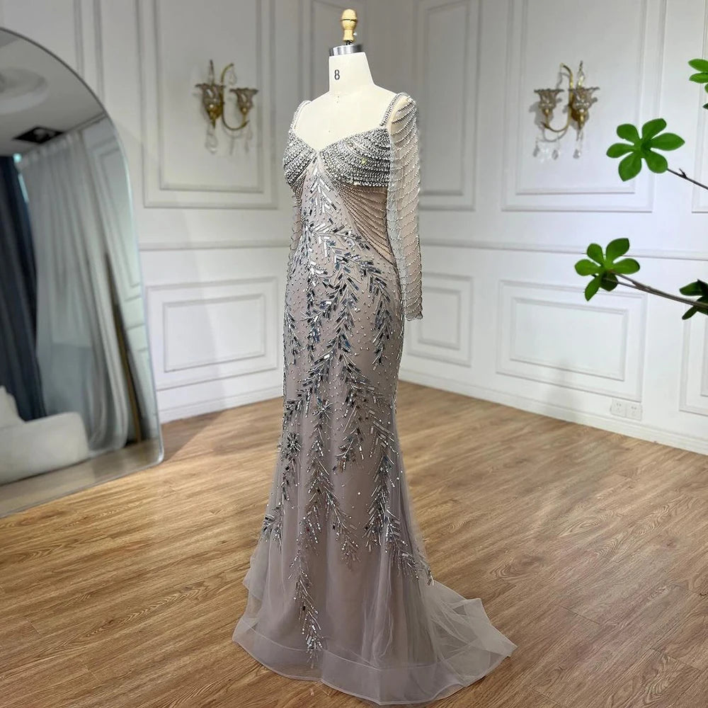 Elegant Arabic Silver Beaded Mermaid Evening Gown for Women - Luxury Dubai Wedding Party Dress 2025 LA72513 | Perfect for Formal Events, Galas & Special Occasions