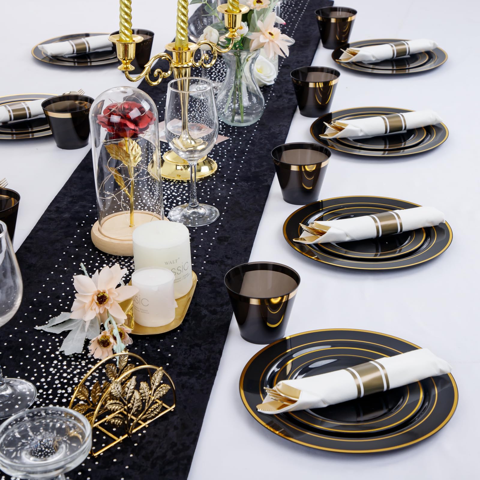 350-Piece Black and Gold Disposable Plastic Plate Set with Silverware - 50 9
