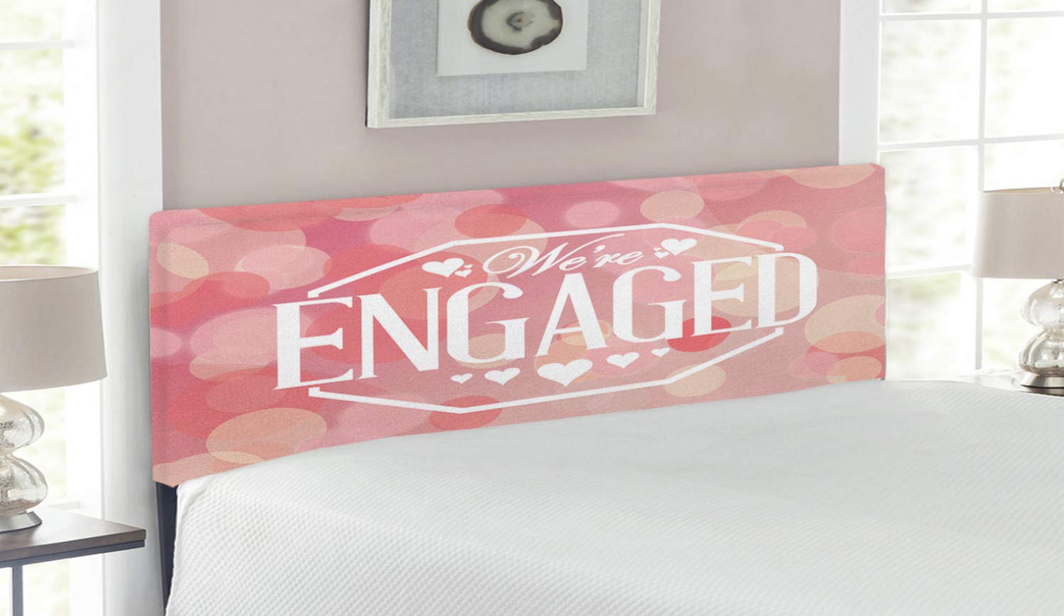 Ambesonne Engagement Party Headboard - Queen Size Upholstered Metal Bed Headboard with Memory Foam | Blurry Abstract Circles Art Print in Salmon Pink & White | Perfect for Engagement Parties, Bedroom Decor & Wedding Gift