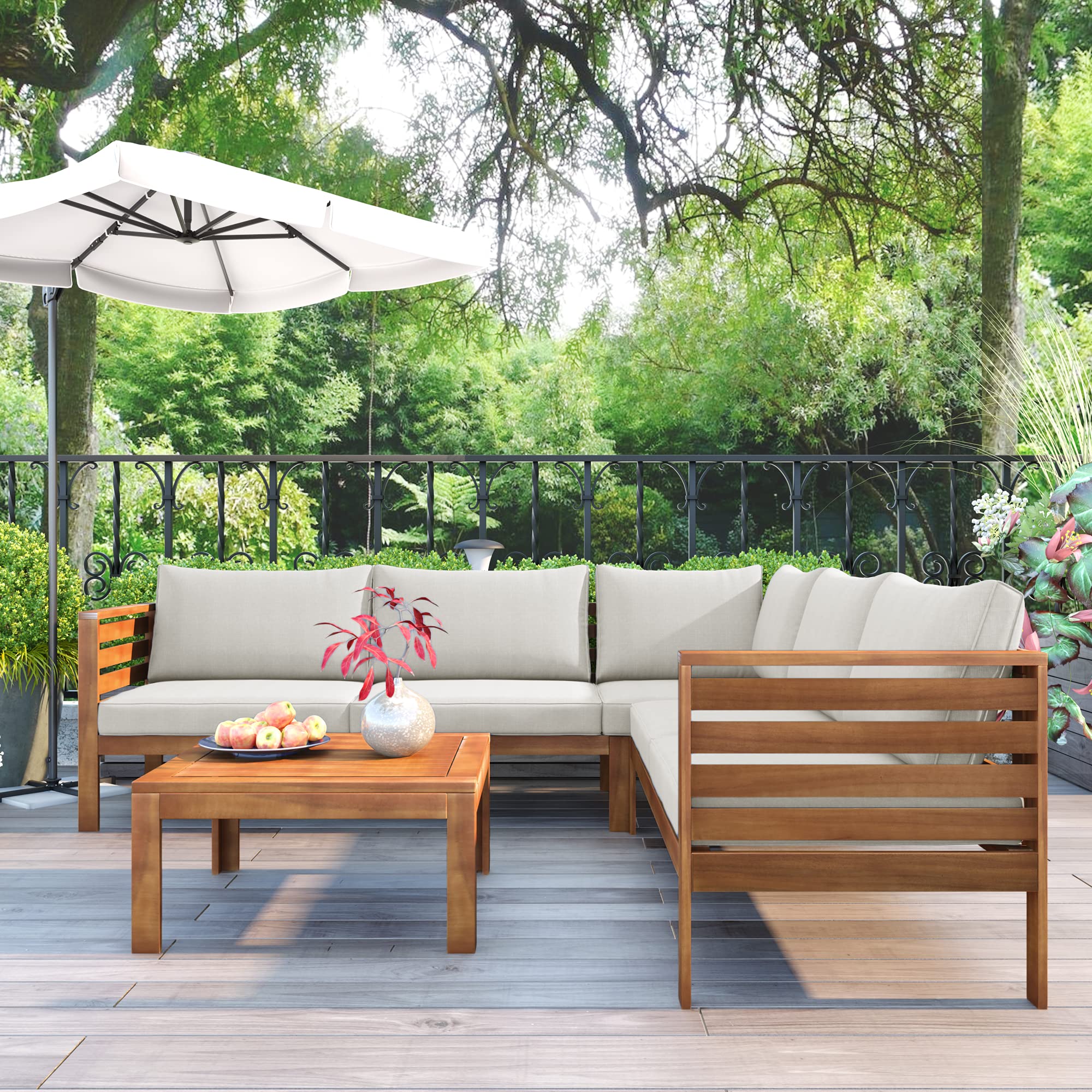 4-Piece Outdoor Patio Furniture Set - Wooden Sectional Sofa with Cushions & Coffee Table - Waterproof Conversation Set for Garden, Backyard, Deck & Indoor Use