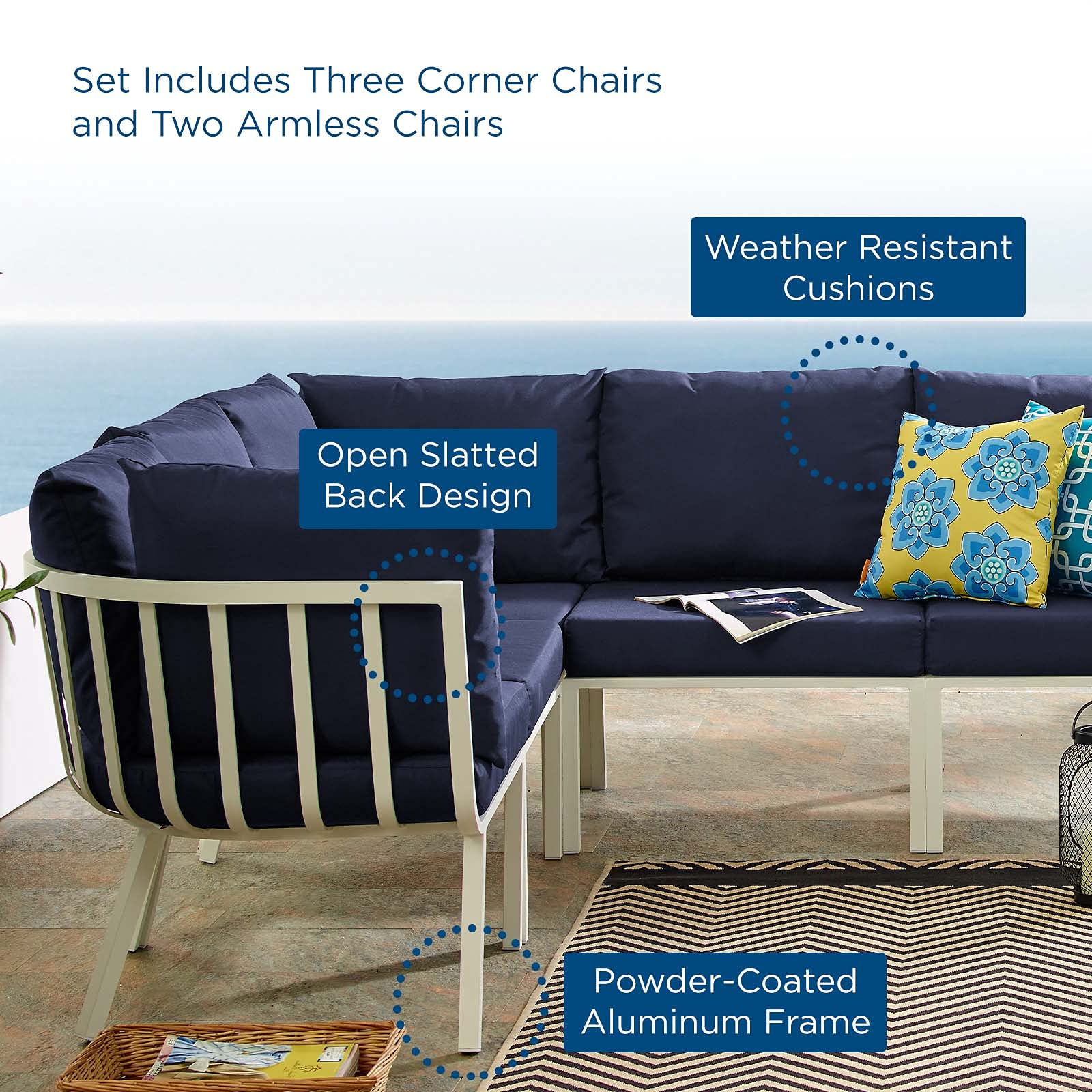 Modern Outdoor Lounge Sectional Sofa Set - Aluminum Metal Frame with White Blue Navy Cushions - Perfect for Patio, Cafe, Bistro & Garden Relaxation