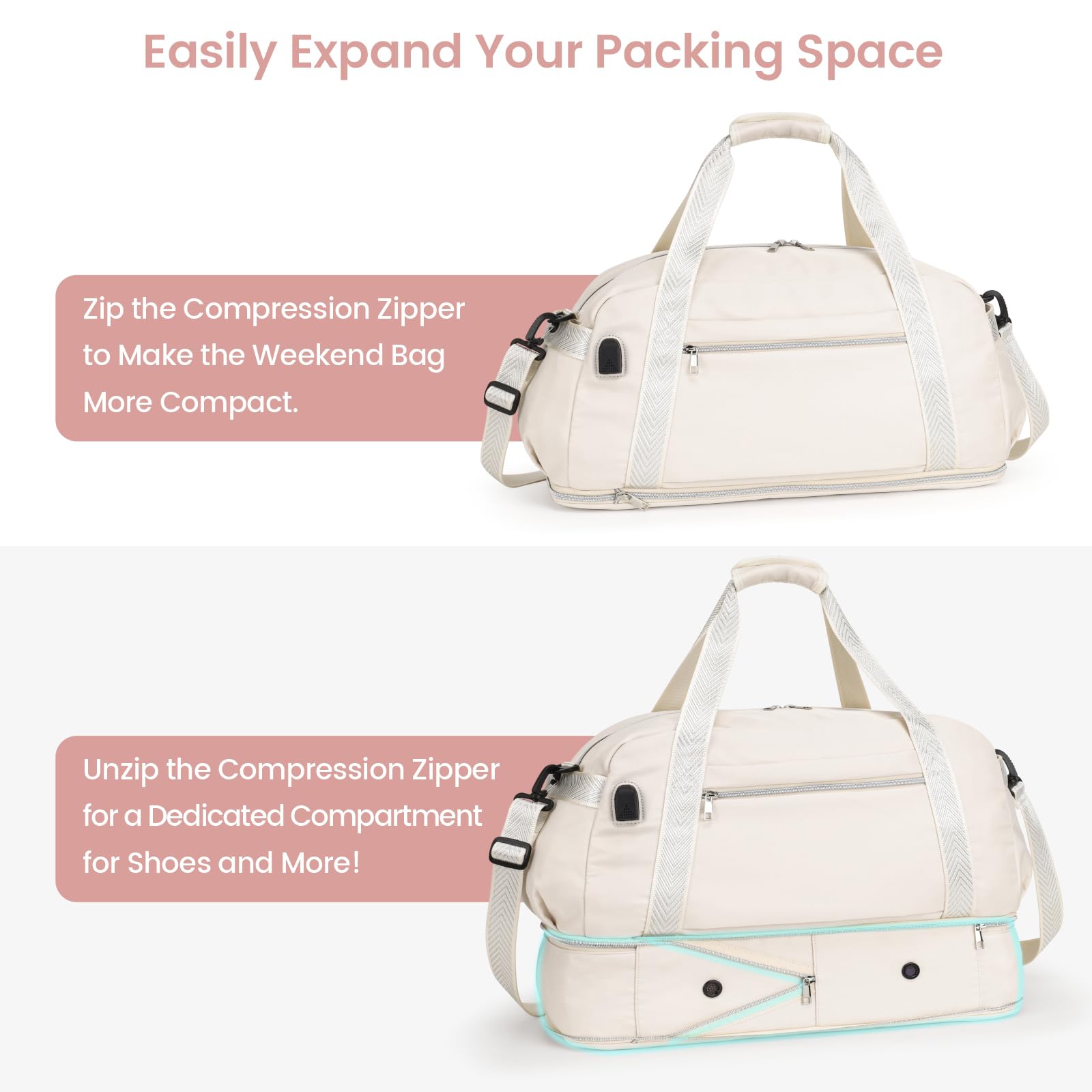 Cambond Women's Weekender Travel Bag - Expandable Overnight Bag with Shoe Compartment & USB Charging Port | Perfect for Weekend Getaways, Business Trips and Airplane Carry-On