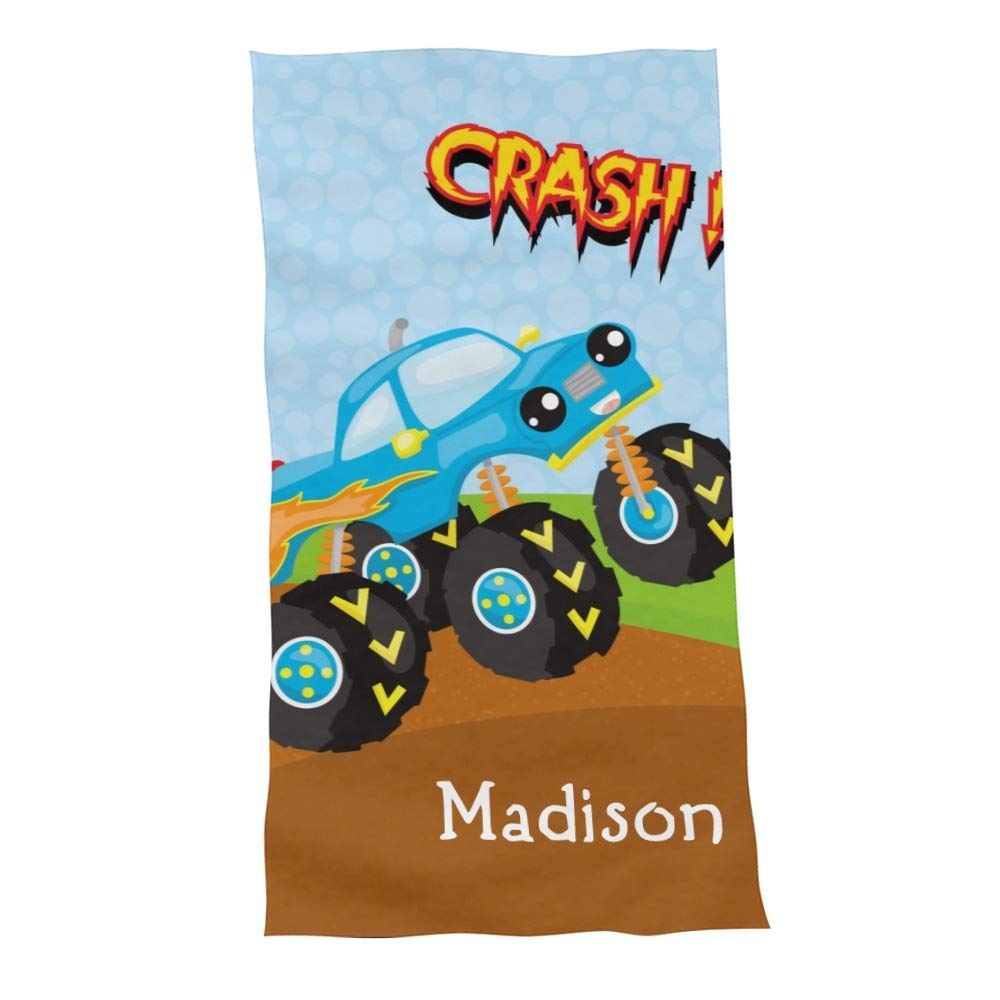 Custom Personalized Beach Towel with Name - 60x30 Inch Colorful Monster Truck Design for Kids, Girls, Boys, Adults, Women & Men | Perfect for Travel, Beach, Pool, Bathroom & Outdoor Activities