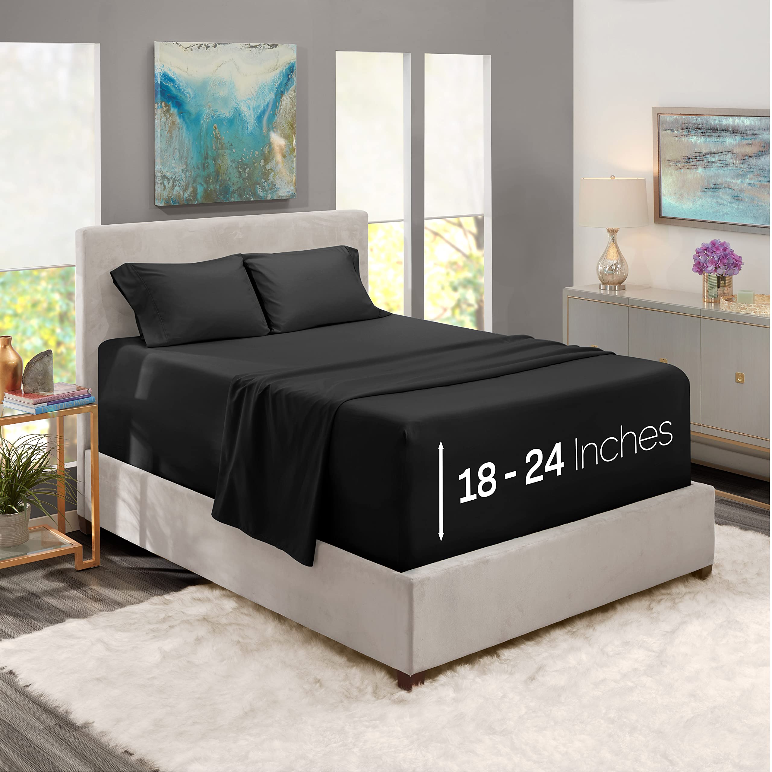 Nestl Extra Deep Pocket Sheet Set - 4 Piece Full Size Sheets Fits 18-24 Inch Mattress, Soft & Breathable Black Bedding - Perfect for Guest Rooms, Dorms & Deep Mattresses