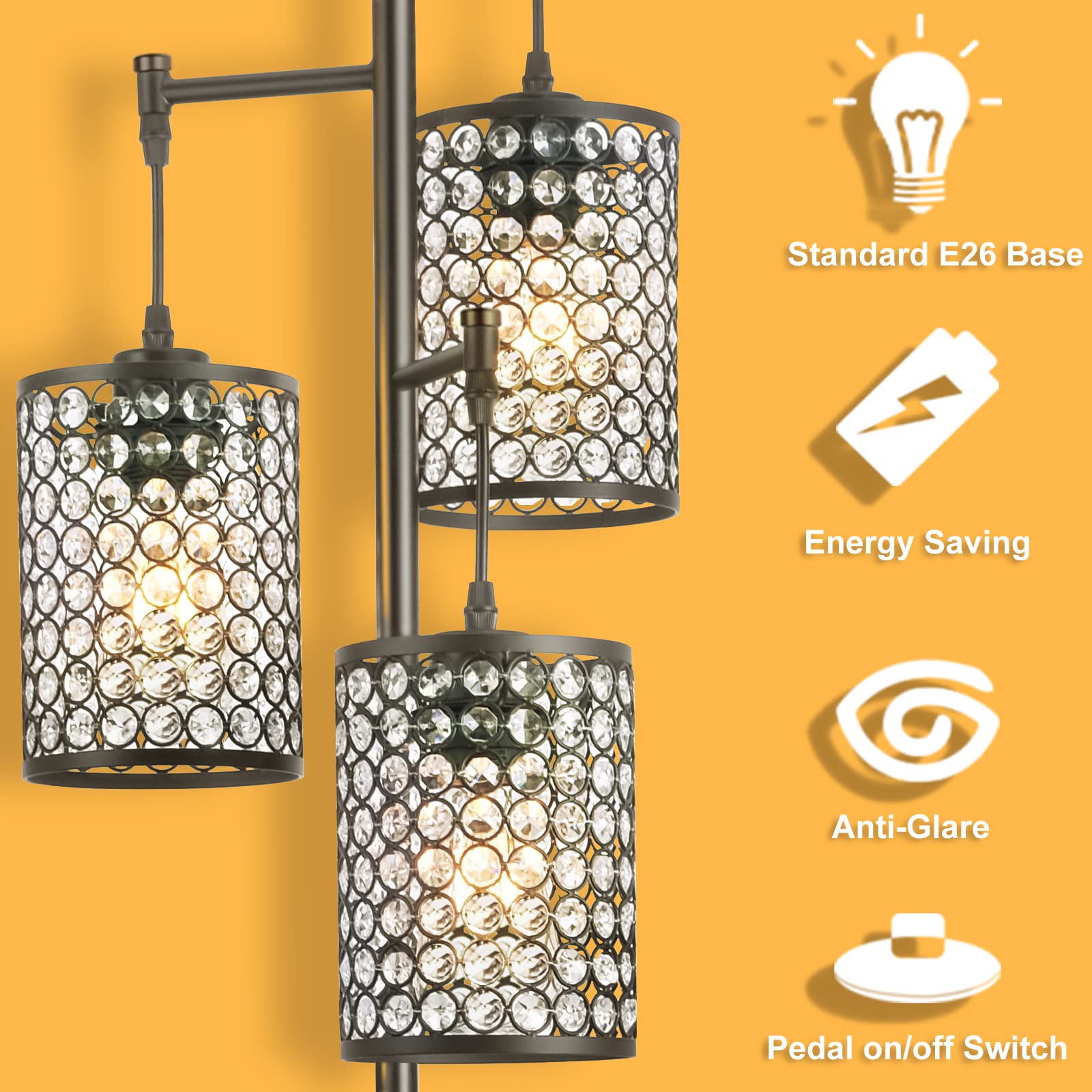 EE Eleven Master Modern 3-Light Tree Floor Lamp - Crystal Standing Lamp with On/Off Switch - Elegant Black Pole Light for Living Room, Bedroom, Office & Hotel - Perfect for Ambient Lighting and Home Decor