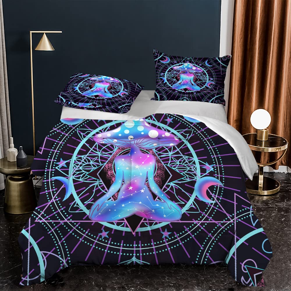 Sunnycitron 3D Mandala Mushroom Twin Comforter Set - Boho Chic All-Season Ultra Soft Polyester Bedding (1 Comforter + 2 Pillowcases) - Perfect for Teen Girls' Room, Dorm Decor & Hippie Style Bedrooms