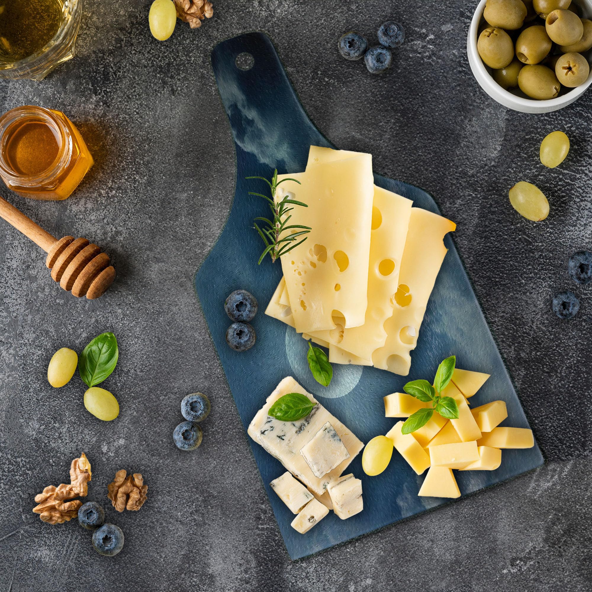 Ambesonne Moon Themed Tempered Glass Cutting Board - Night Sky with Full Moon & Clouds Space Photography Print - Decorative Serving Board for Cheese, Charcuterie & Wine - Dark Blue & White Wine Bottle Shape - Perfect for Dinner Parties, Gifts & Home Decor