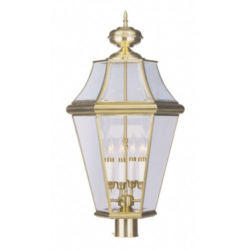 Georgetown 4-Light Candelabra Base Outdoor Post Lantern - 29x16 Inch Handcrafted Solid Brass with Clear Beveled Glass, Polished Brass Finish (120V) - Perfect for Garden, Patio, Driveway & Exterior Post Lighting