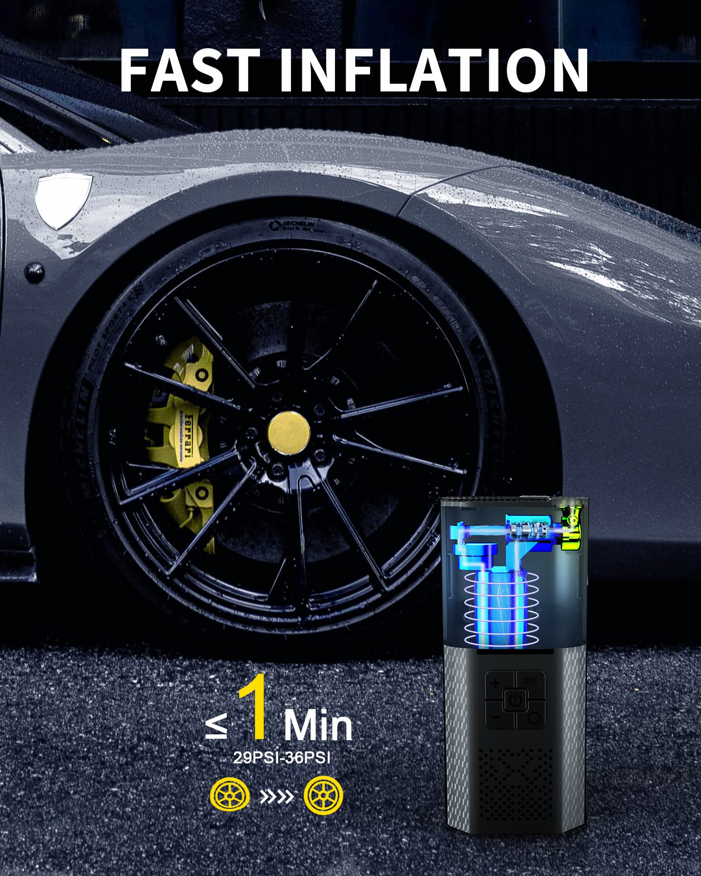 TEMOLA 150PSI Cordless Tire Inflator Portable Air Compressor - Digital LCD Display, LED Light for Car, Bike, SUV Tires - Fast Inflation for Road Trips, Emergency Use & Home Garage Maintenance