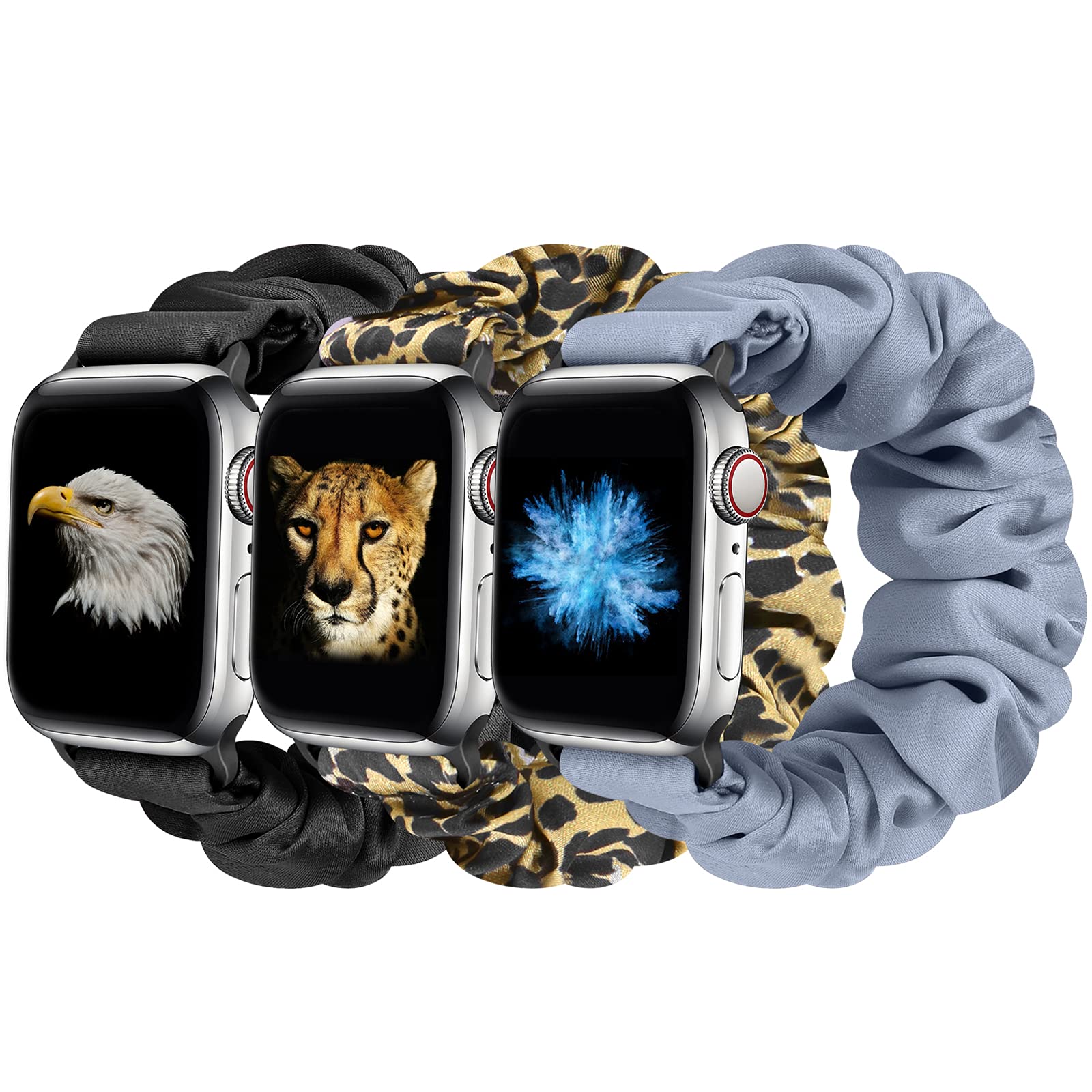 Tiptops 3 Pack Apple Watch Bands 38mm-49mm - Soft Fabric Scrunchies Wristbands for Women, Compatible with iWatch Ultra 2, Series 10/9/8/7/6/5/4/3/2/1/SE - Stylish Printed Straps for Workout, Office & Everyday Wear