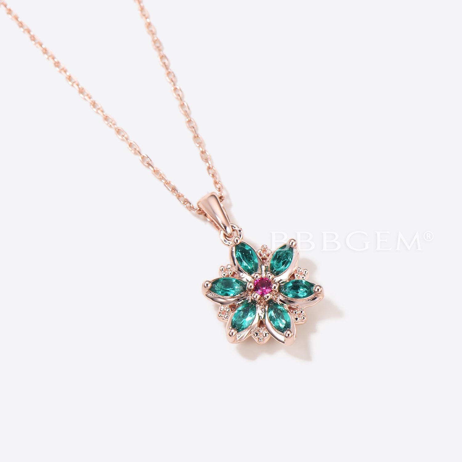 Marquise Cut Emerald Floral Pendant Necklace in Rose Gold | Nature Inspired Jewelry for Women | Perfect for Weddings, Anniversaries & Special Occasions