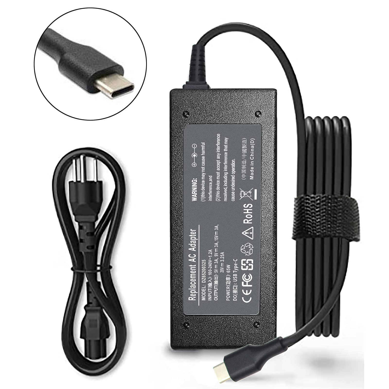 65W USB C Laptop Charger Universal - Compatible with Lenovo ThinkPad/Yoga/Chromebook, HP EliteBook/Spectre/x360, Dell Latitude/XPS 13 - Fast Charging AC Adapter for Home, Office & Travel Use