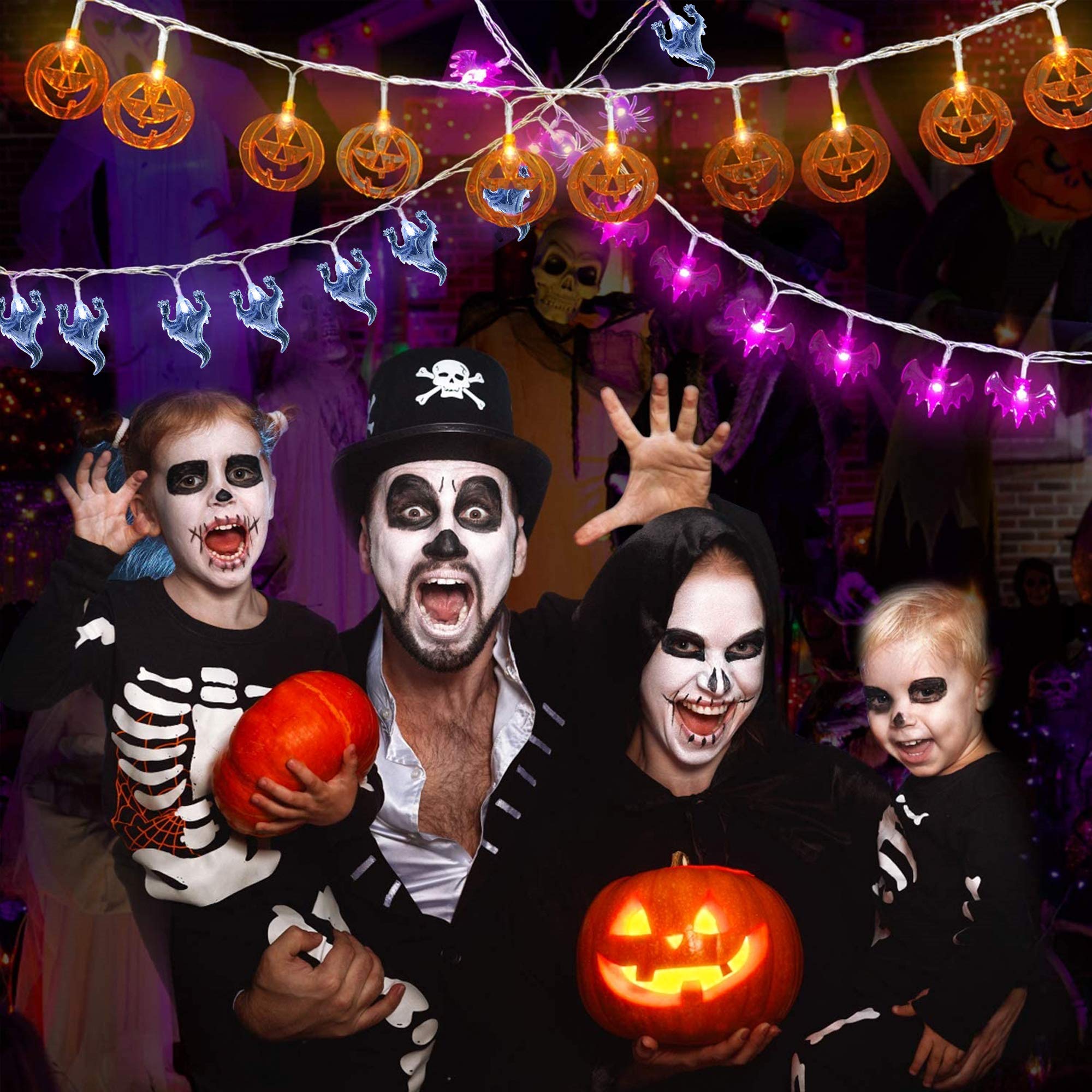 Halloween String Lights - Pumpkin, Bat & Ghost Decorations - 3x20 LED Lights - 10ft Battery Operated for Indoor & Outdoor Use - Perfect for Party, Yard & Home Decor
