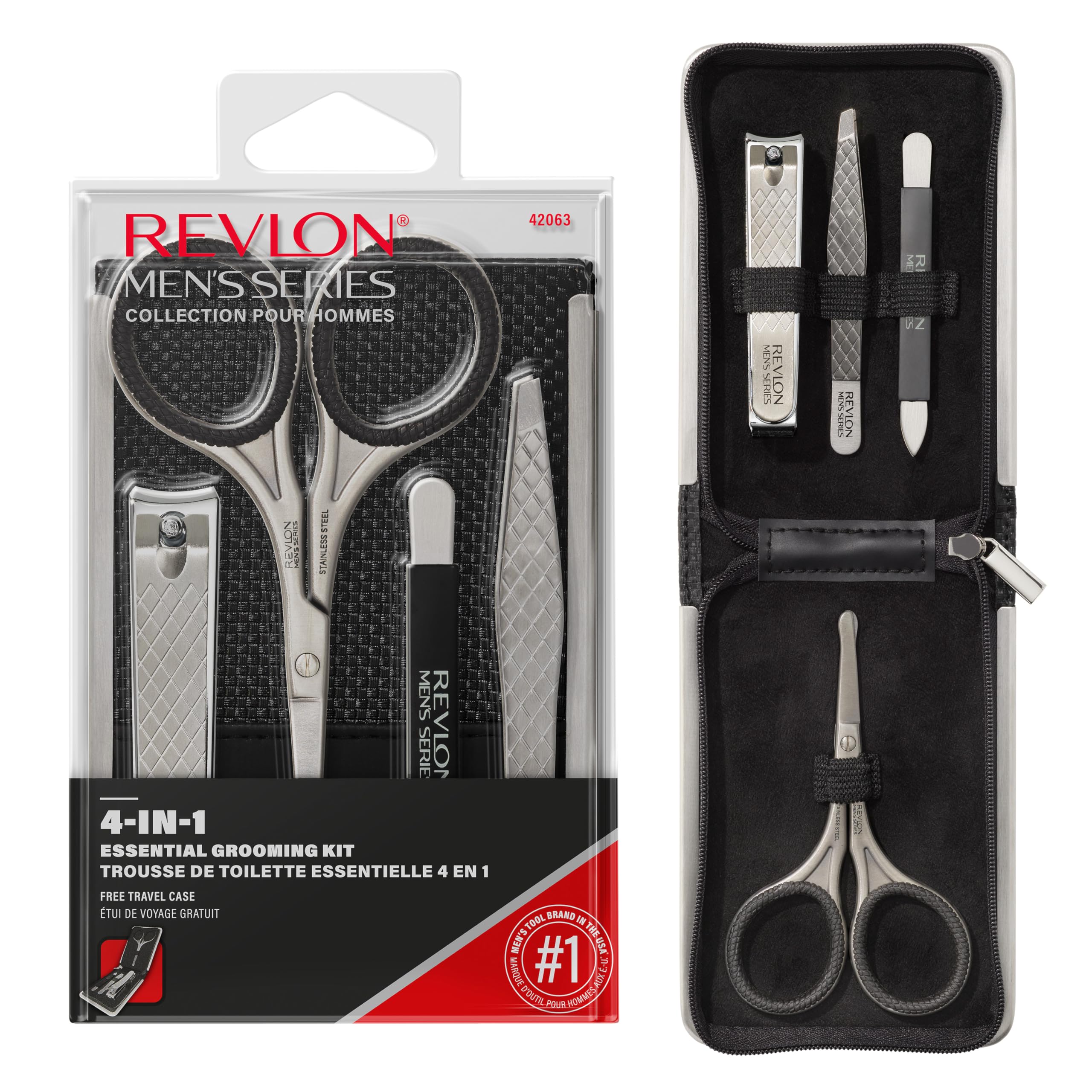 Revlon Men's Grooming Kit - 5-Piece Travel Essentials Set with Nail Clippers, Scissors, Nail File, Tweezers & Portable Case | Stainless Steel Grooming Tools for Men | Perfect for Travel, Business Trips & Home Use