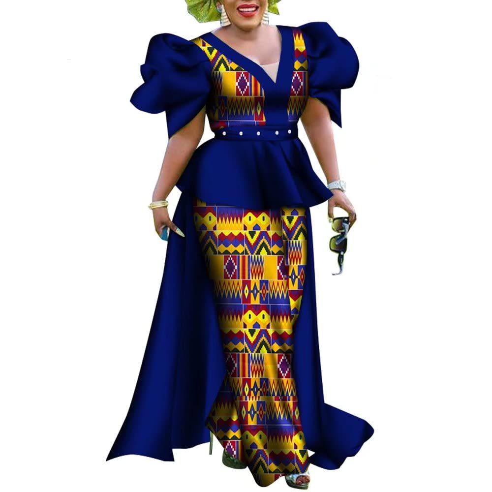 2 Pcs Women's Puff Sleeve Dashiki Top and Pant Set - African Print Party Outfit for Women - Perfect for Festivals, Weddings & Cultural Events