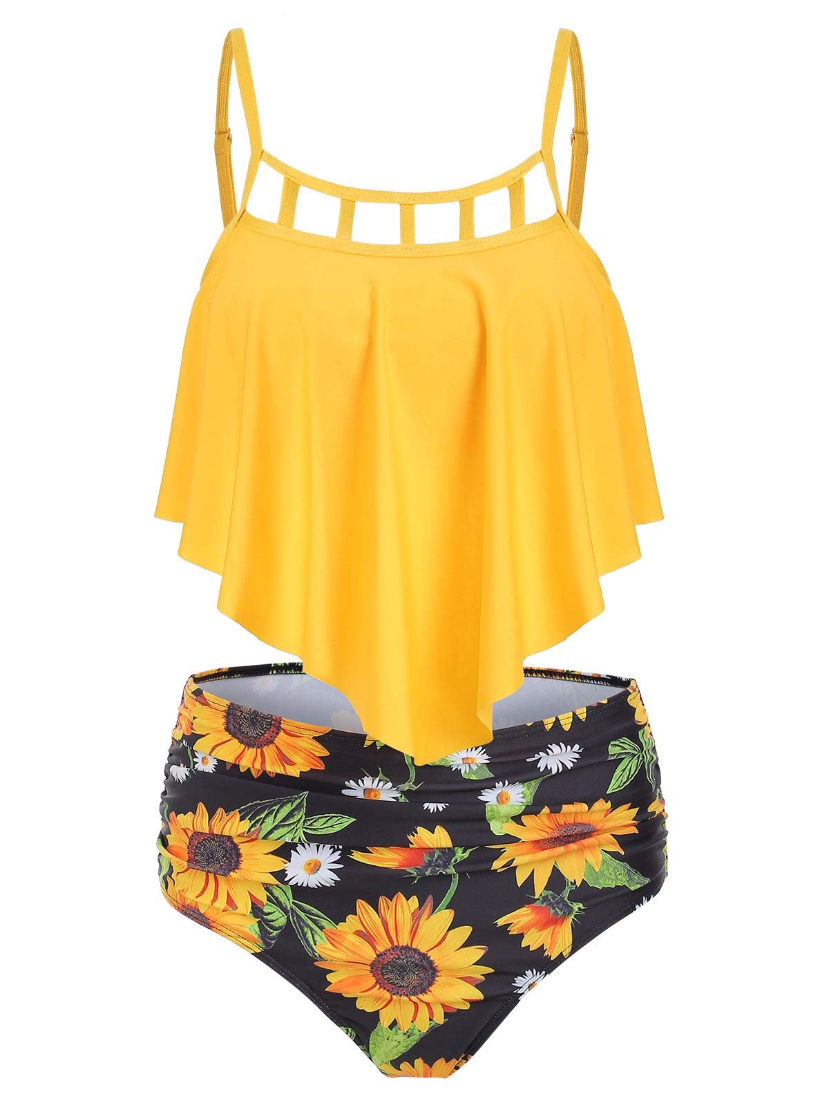 COMFKEY Women's Tankini Swimsuits with Tummy Control - High Waisted Bikini Set with Ruffled Overlay & Sunflower Print - Perfect for Beach Vacation, Pool Party and Summer Swimming