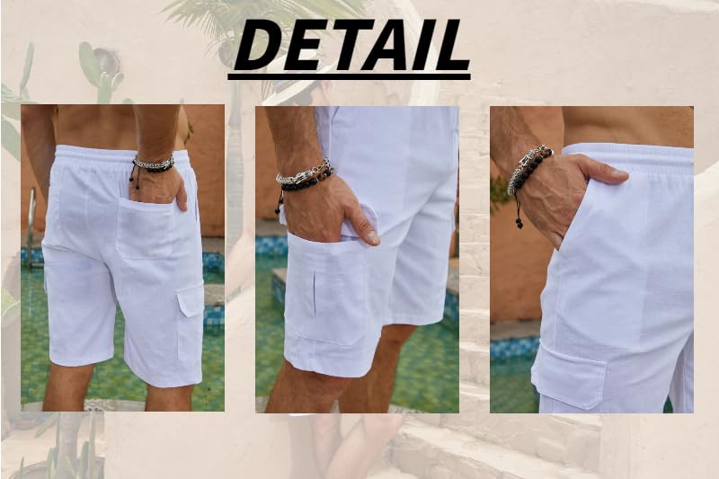 Men's Linen Shorts - Breathable Cotton Elastic Waist with Drawstring | Casual Summer Beach Shorts with Pockets | Perfect for Vacation, Travel & Outdoor Activities