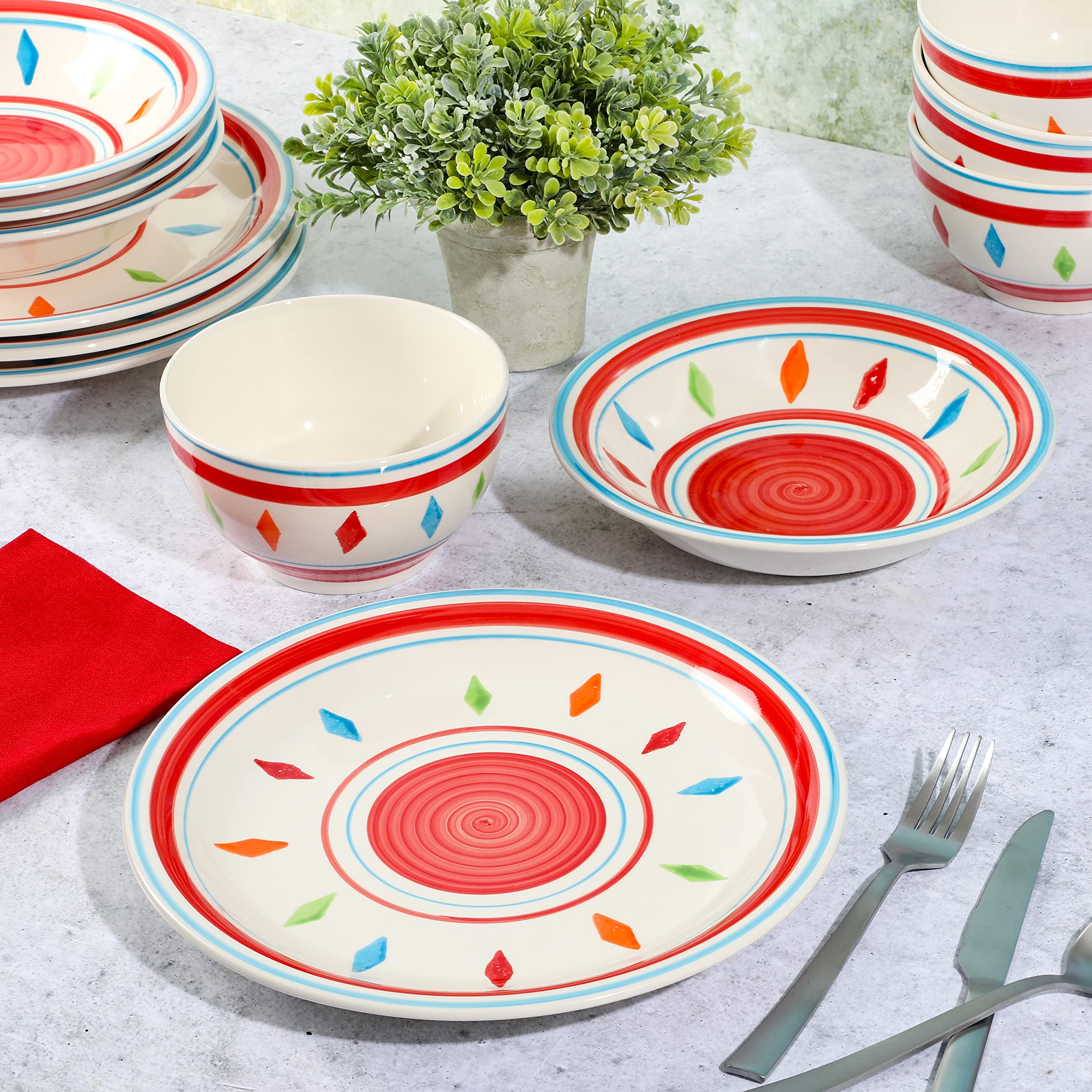 Gibson Home Heidy Hand Painted 12-Piece Dinnerware Set - Red Ceramic Plates, Bowls & Mugs, Service for 4 | Elegant Tableware for Everyday Dining, Dinner Parties & Holiday Gatherings