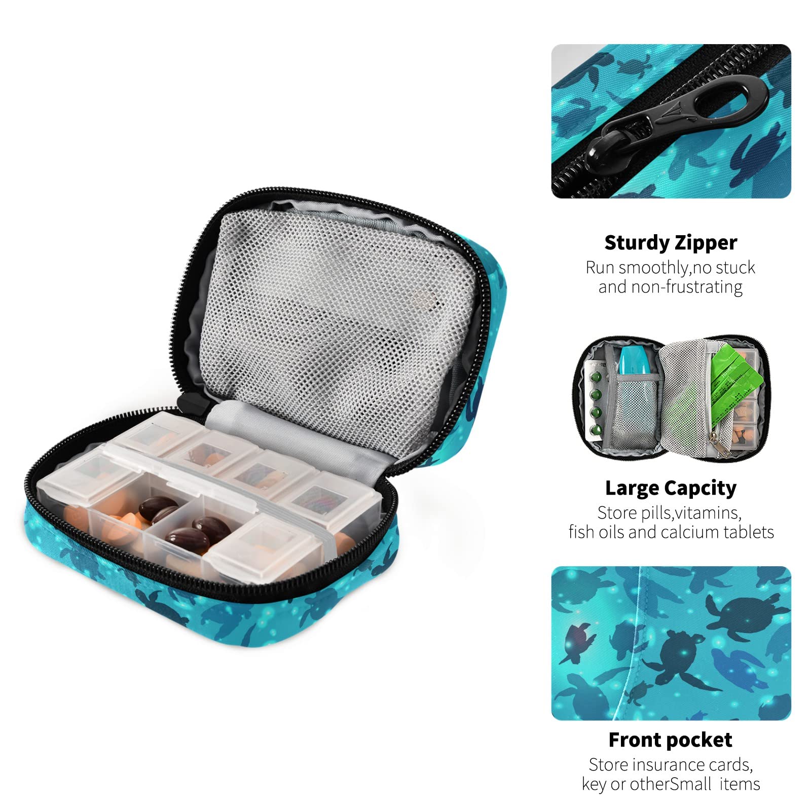 Xigua Sea Turtle Cute Travel Medicine Organizer - Compact Portable Pill Case for Vitamins & Supplements - 7-Day Zippered Pill Box Container - Perfect for Travel, Family, Business Trips & Daily Medication Management