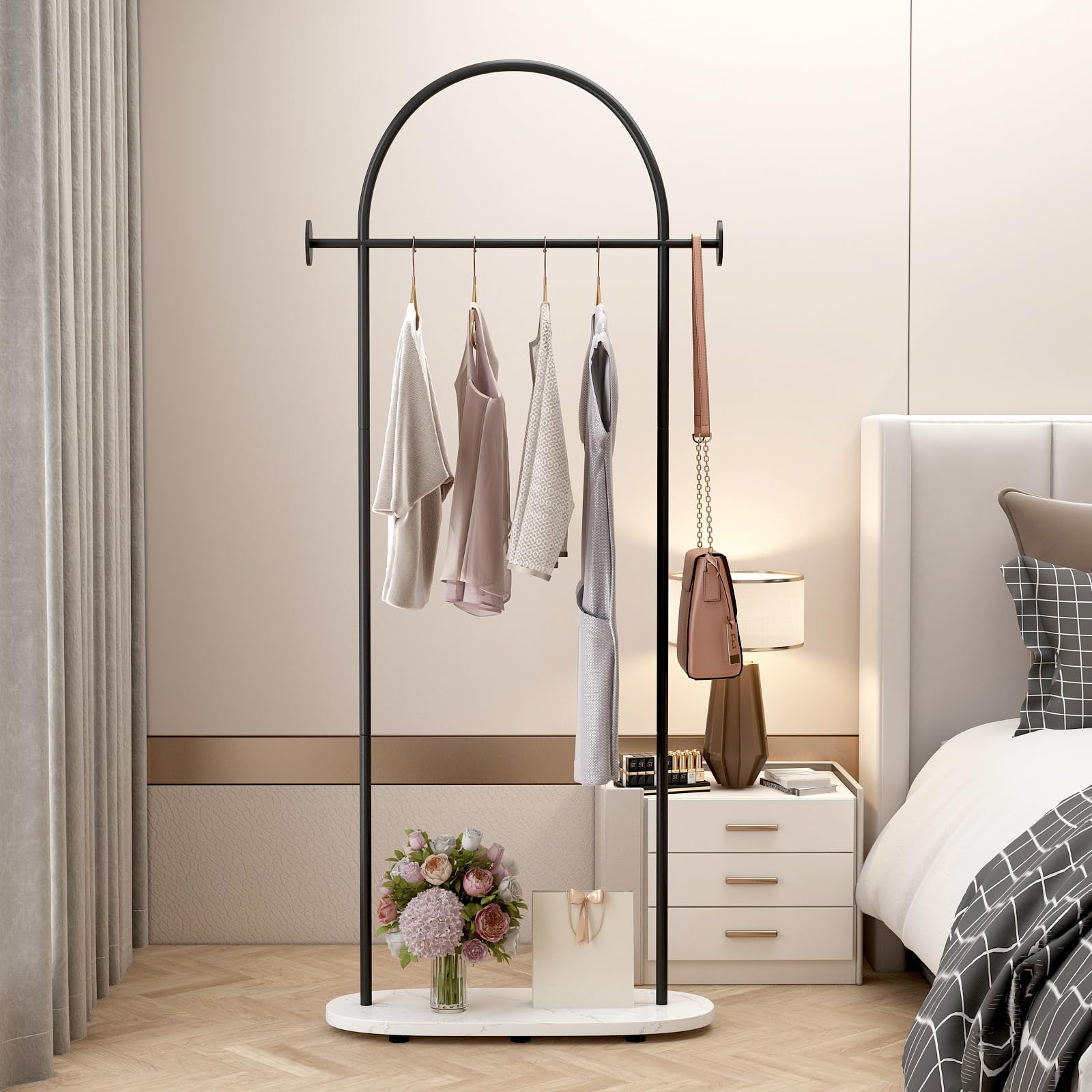 Black Heavy Duty Freestanding Metal Clothing Rack with Shelf & Hooks - Modern Coat Hanger Stand for Boutique, Office & Home Organization | Perfect for Retail Stores, Walk-in Closets & Garment Displays